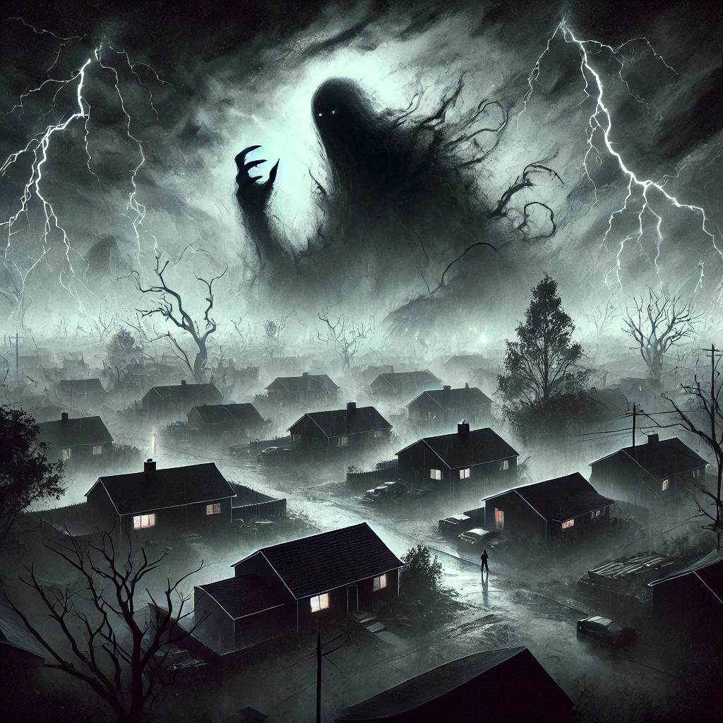 A stark and chaotic scene showing the suburban neighborhood almost fully overtaken by shadows The figures hidden in the fog are now larger and more visible with lightning illuminating some twisted symbols in the background The once peaceful environment is now completely shrouded in darkness with only a few rays of light struggling to break through
