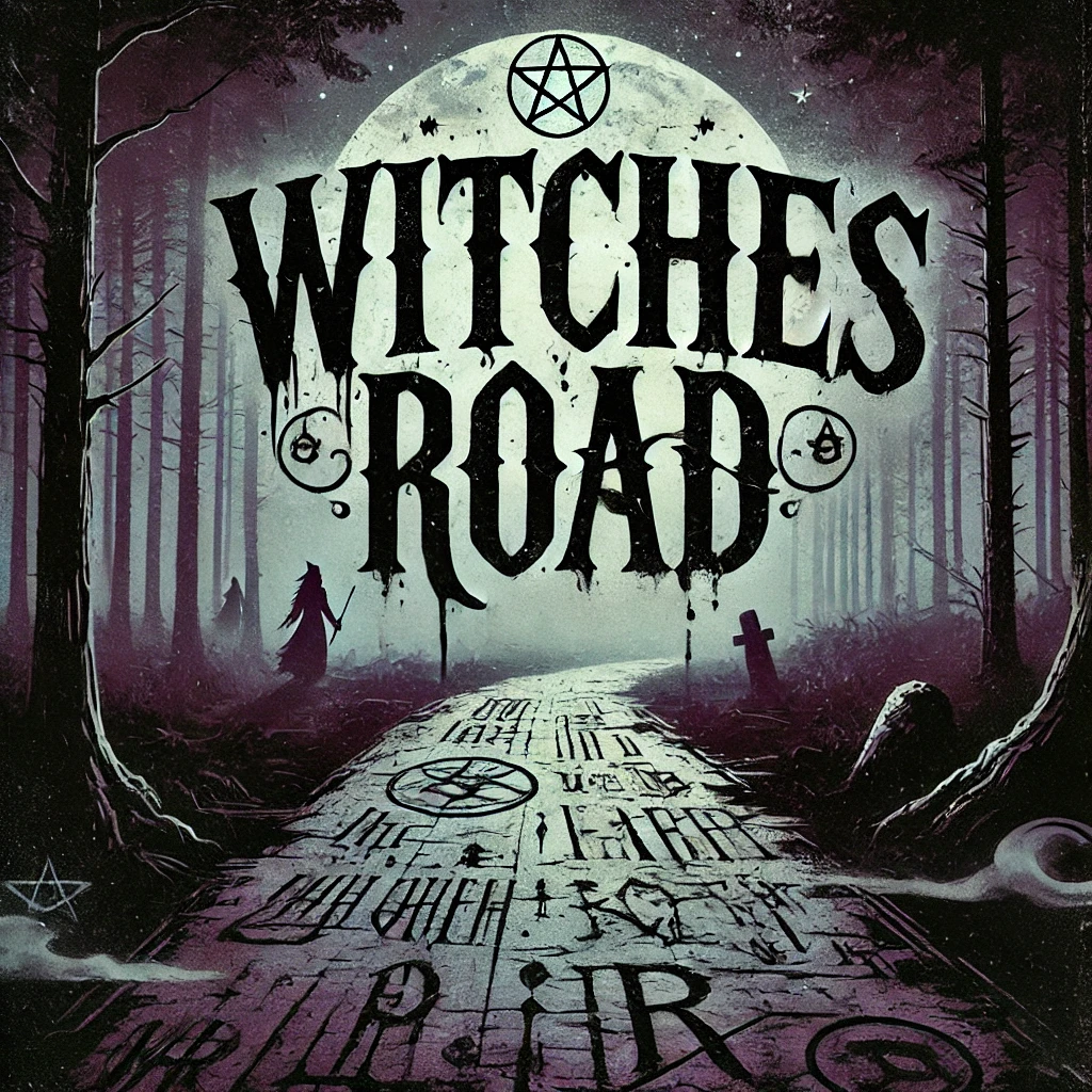 An eerie dark road winding through a thick forest lit by moonlight The road is ancient cracked with mystical symbols drawn on it In the shadows faint silhouettes of witches can be seen and mist swirls around the ground The typography for the title Witches Road is bold grungy and scratched placed across the top dripping like black ink The overall color scheme is muted with deep purples blacks and dark greys highlighting the mystical and foreboding mood of the image The font should look like it was carved into stone or old wood