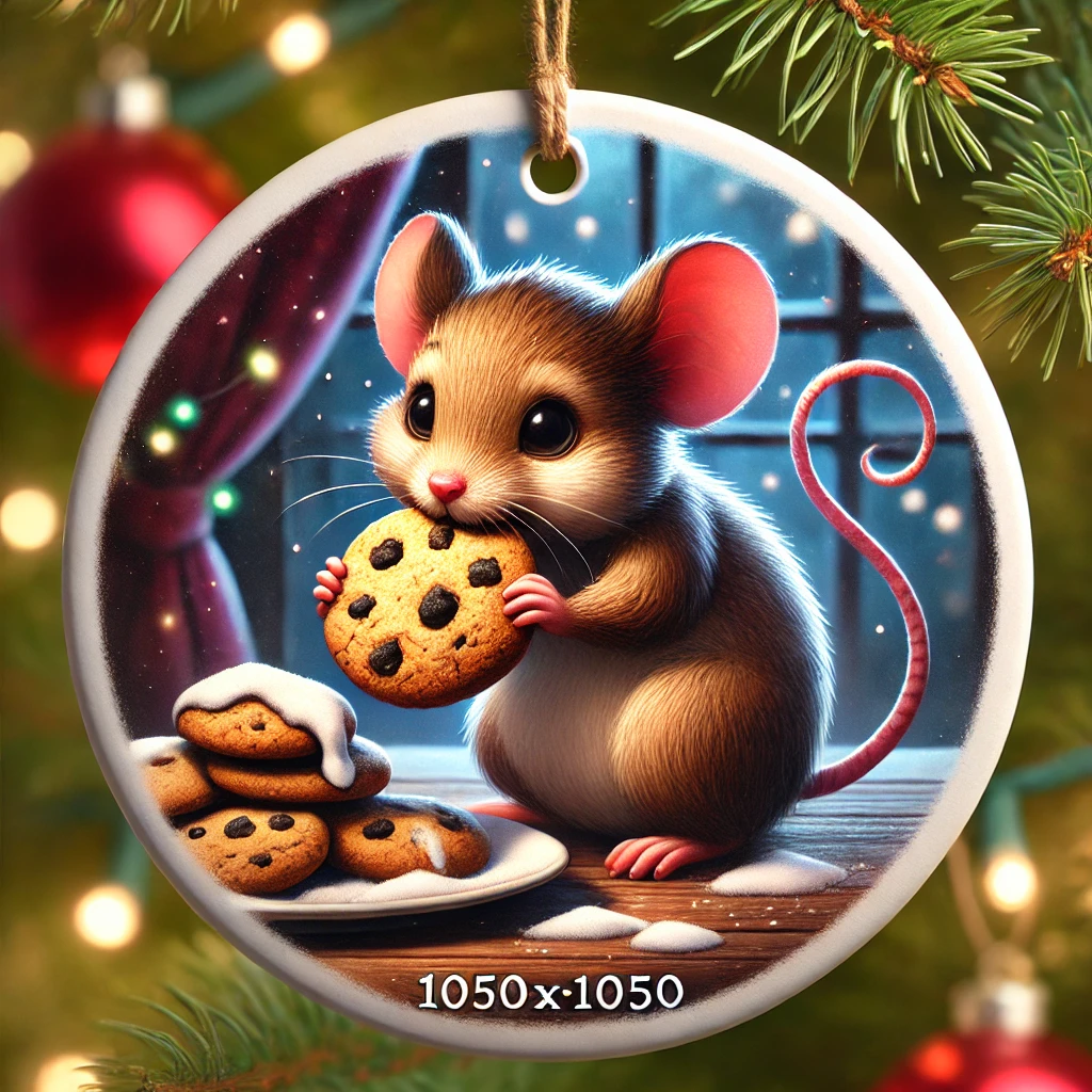 A 1050x1050 circular ornament design featuring a mischievous mouse stealing cookies from a plate meant for Santa The mouse is caught midaction sneaking away with a cookie in its paws looking sneaky and satisfied Christmas lights twinkle softly in the background The scene is playful and festive fully contained within the circular frame