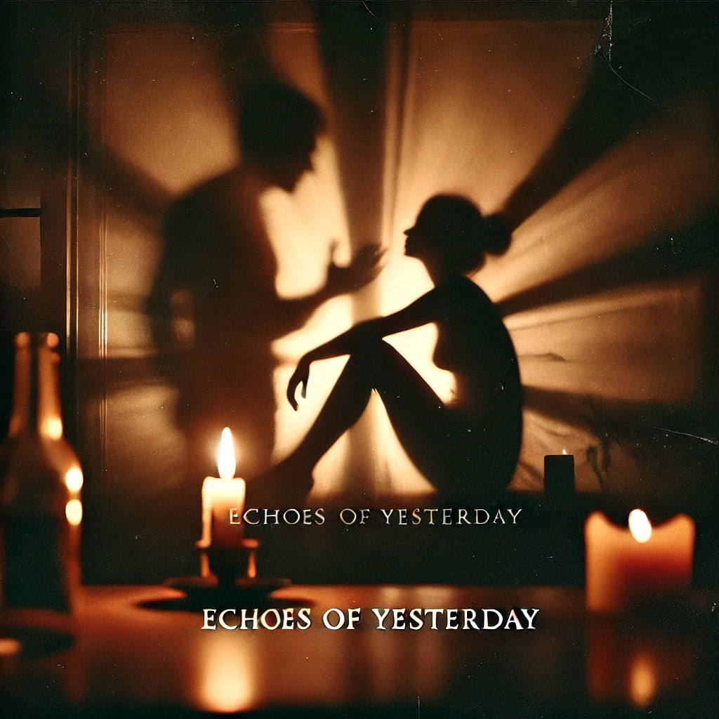 A dimly lit room with shadows flickering on the walls from a single candle flame The shadows form vague shapes of a couple in the midst of an argument their forms blurred and ghostly The mood is melancholic with a sense of unresolved tension hanging in the air The typography Echoes of Yesterday is written in an elegant serif font glowing faintly from the shadows