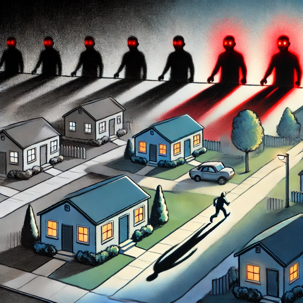 A transition scene where the shadows from white supremacist ideologies are growing larger and more defined moving closer to the neighborhood Red eyes begin to glow from the figures The once idyllic scene of the neighborhood is now subdued as darkness encroaches with the contrast between light and shadow becoming more stark The colors of the neighborhood fade into grays and blacks with red highlights in the shadows