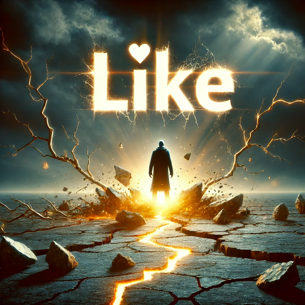 A powerful scene where the word Like emerges in large glowing letters from cracks in the ground symbolizing the rise of engagement In the background a shadowy figure looms large symbolizing the ongoing fight for truth and justice The overall atmosphere is dark and foreboding with streaks of light cutting through the clouds to highlight the glowing letters