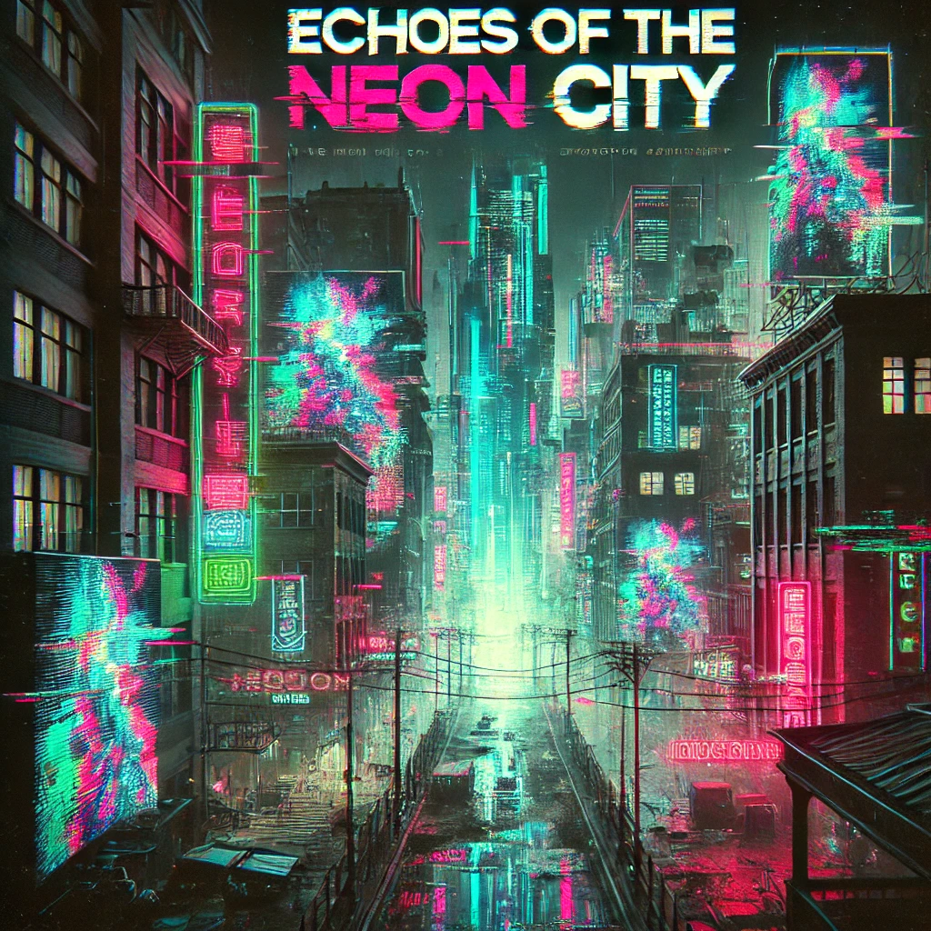 A 169 image depicting an edgy futuristic cityscape where neon lights flicker through a dystopian atmosphere The buildings are towering with digital billboards showing glitchy messages The streets below are lined with dark grimy alleyways illuminated by the occasional burst of light from a flying drone The typography reads Echoes of the Neon City in bold shattered fonts The scene should feel chaotic with a sense of impending danger but also vibrant energy The color scheme is dark with pops of neon pink green and blue emphasizing the cyberpunk aesthetic The mood is a mixture of rebellion technology and survival