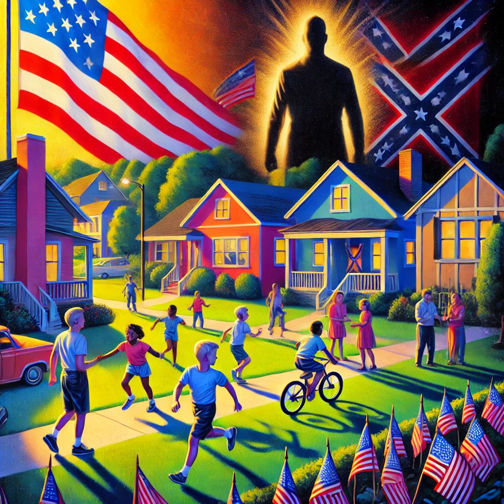 A vibrant suburban neighborhood with children playing outdoors and American flags waving in the breeze In the background a growing shadow encroaches with symbolic figures representing white supremacist ideologies looming in the darkness Bright and vibrant colors in the foreground with dark muted tones in the background The lighting is high contrast with the foreground brightly lit and the background darkened by shadows