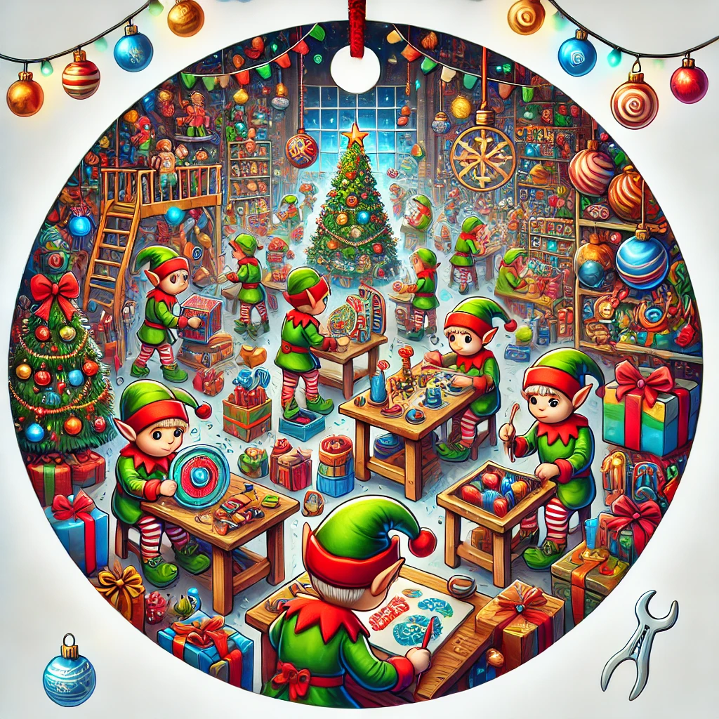 A colorful and busy circular ornament design featuring an elf toy factory Elves are hard at work assembling toys wrapping presents and painting decorations The toy factory is filled with holiday cheer with Christmas lights ribbons and toys scattered around all contained within the circular frame