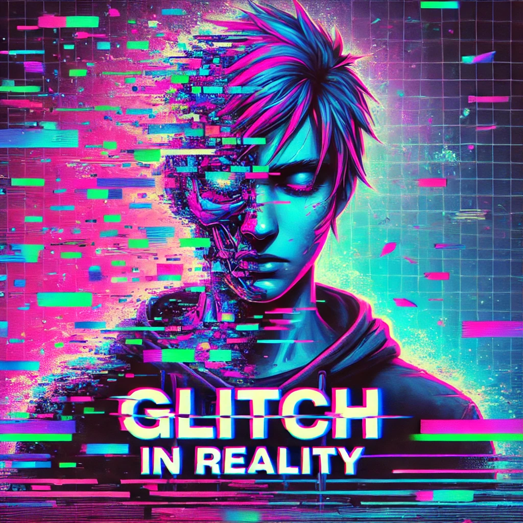 A halfhuman halfavatar character glitching in and out of reality with vibrant glitch effects and pixelated fragments swirling around them The scene feels disjointed like the digital world is breaking through into the physical The typography reads Glitch in Reality and is breaking apart fragmenting and glitching along with the character The colors are electric with neon pinks blues and purples giving the scene an edgy cyberpunk feel