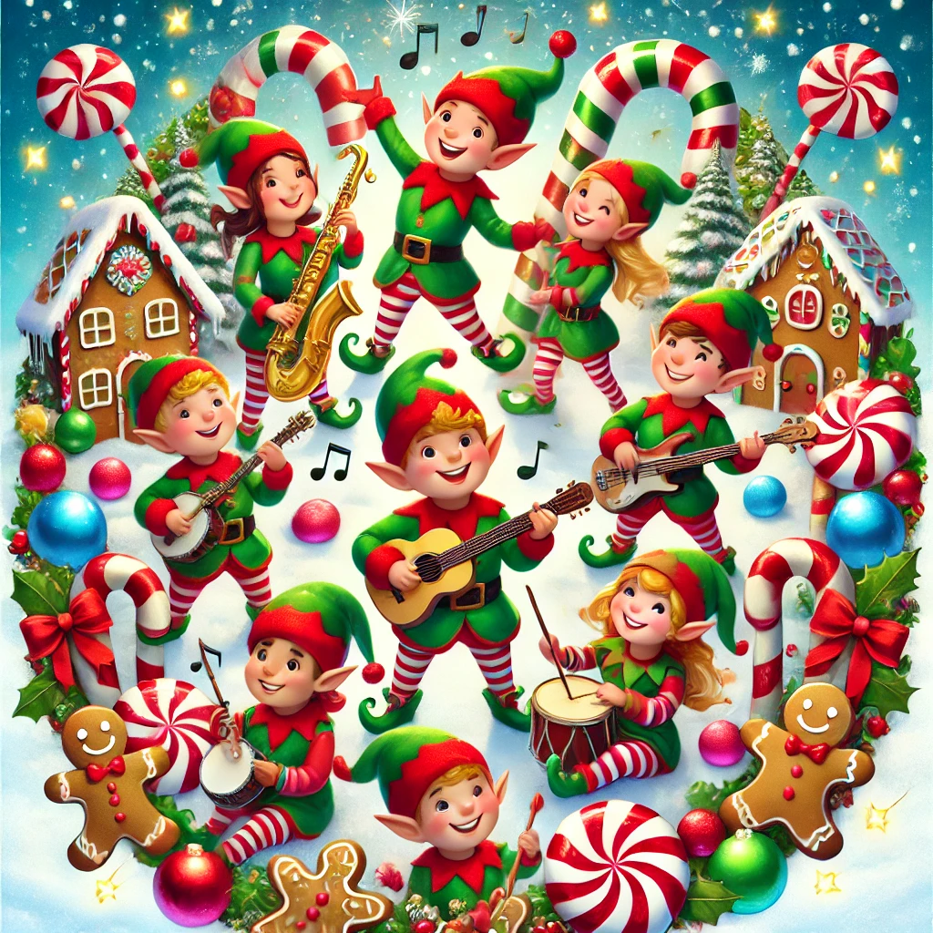 A cheerful holiday design featuring a group of elves playing musical instruments surrounded by giant candy canes gumdrops and gingerbread houses The elves are happily dancing and playing festive music in a whimsical snowy setting The colors are bright and fun with glowing lights twinkling stars and plenty of holiday joy filling the circular frame