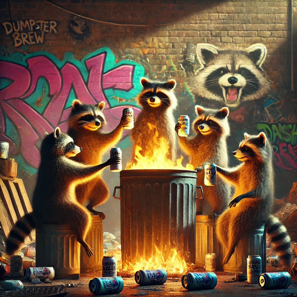 A group of raccoons gather around a large rusty trash can turned makeshift fire pit The warm glow of the fire casts dancing shadows on their faces They hold cans of Dumpster Brew clinking them together with joyful expressions Graffiti art of raccoons and TrashCats covers the walls in the background adding vibrant pops of color to the otherwise dim alley Trash is scattered around creating a grungy but spirited setting