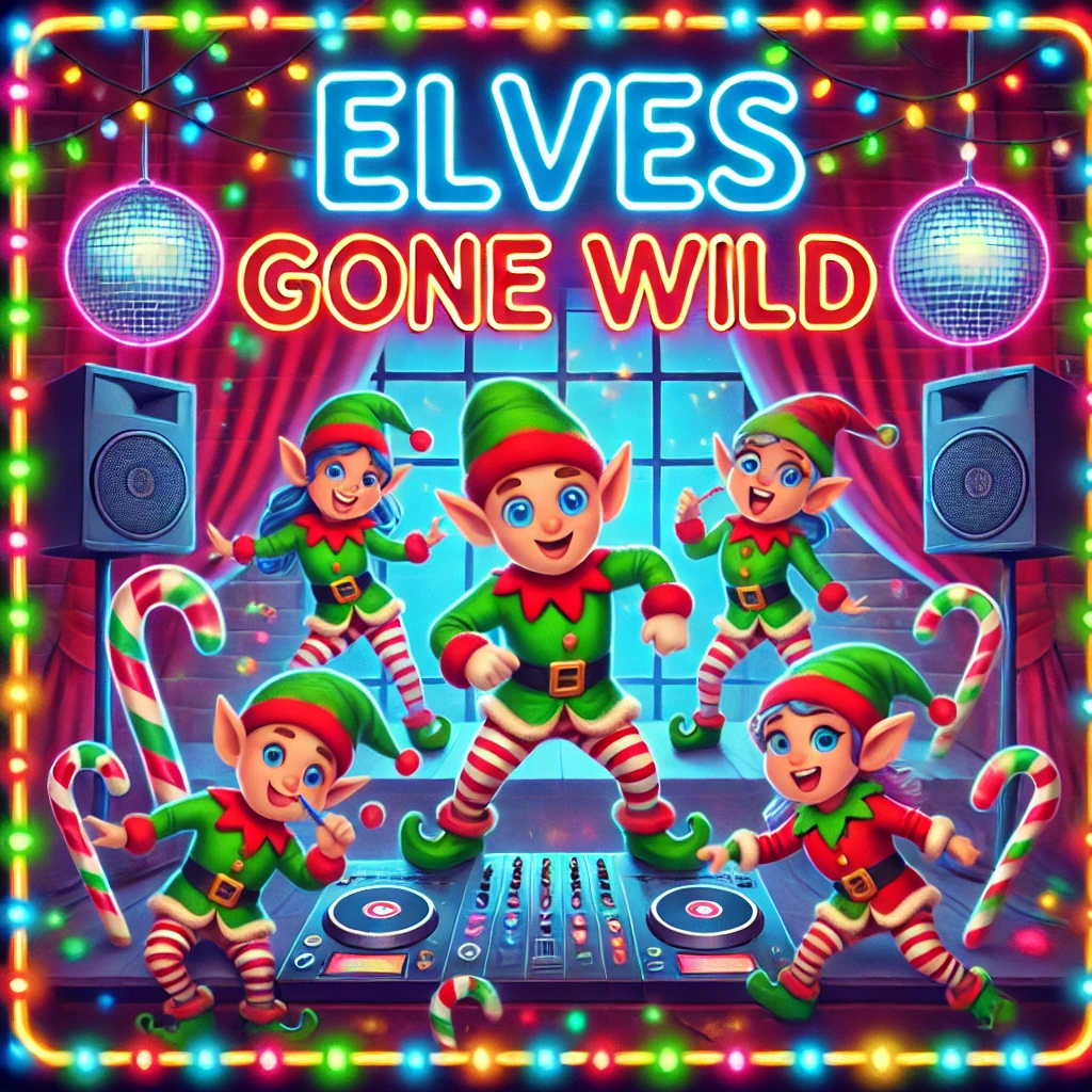 A fun and wild holiday design featuring elves having a dance party inside Santas workshop Bright disco lights fill the room with elves dancing candy canes used as glow sticks and DJ equipment in the background The text Elves Gone Wild is illuminated in bright neon lights bringing the playful party atmosphere to life