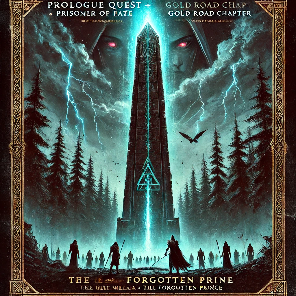 Amidst the dense forests of the West Weald a haunting glow emanates from an ancient towering obelisk that marks the entrance to the longlost shrine of Ithelia the Forgotten Prince Shadowy figures gather at the base their eyes glowing with Daedric magic Above them stormy skies crackle with blue lightning casting eerie shadows on the weathered stonework Typography is bold and sharp with Prologue Quest  Prisoner of Fate  Gold Road Chapter glowing in faint blue at the top of the image Dark tones with splashes of red and glowing blue highlight the danger and magic