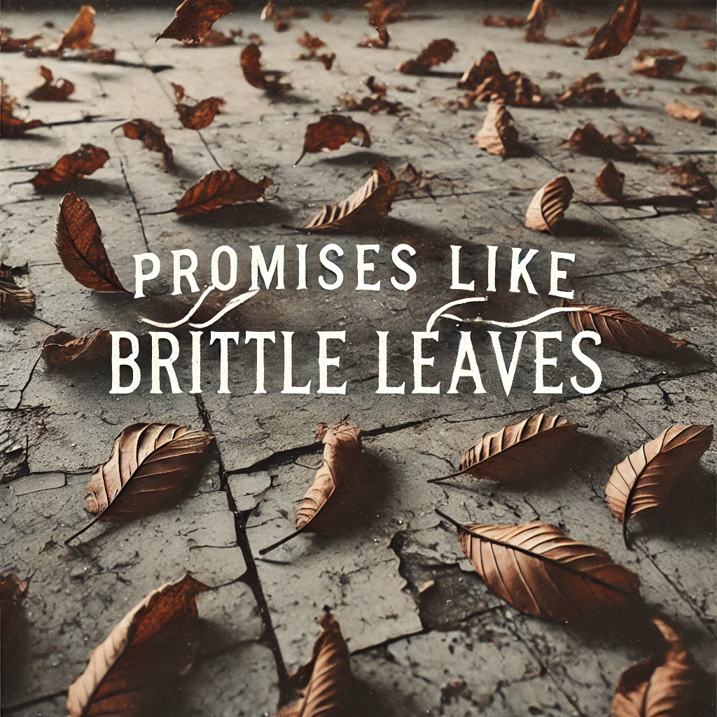 Leaves brown and brittle fall from broken branches onto a cold cracked floor The leaves crumble into dust as they touch the ground symbolizing broken promises The scent of a distant memory lingers in the air hinting at what once was The typography Promises Like Brittle Leaves is written in a flowing serif font carried by the falling leaves