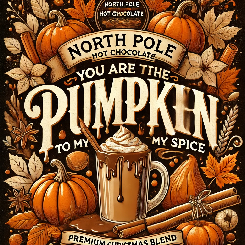 A cozy autumnthemed design in the style of North Pole Hot Chocolate Premium Christmas Blend featuring the phrase You are the Pumpkin to my Spice The typography has a glossy raised effect surrounded by fall elements like pumpkins cinnamon sticks autumn leaves and warm shades of orange brown and cream The design includes dripping chocolate at the top with additional elements like spices pumpkins and a warm rustic background