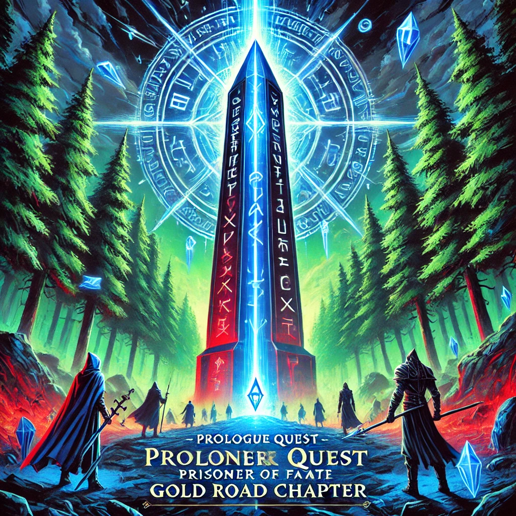 A vibrant scene featuring a towering obelisk in the heart of the West Weald forest glowing with magical runes Shadowy figures cloaked in dark robes stand ready to battle while the sky is illuminated by a blue beam of light shooting from the obelisk The typography reads Prologue Quest  Prisoner of Fate  Gold Road Chapter in bold glowing blue letters at the top of the image The colors are vivid with dark green forest tones bright blue magic and red highlights to emphasize the energy and urgency of the moment