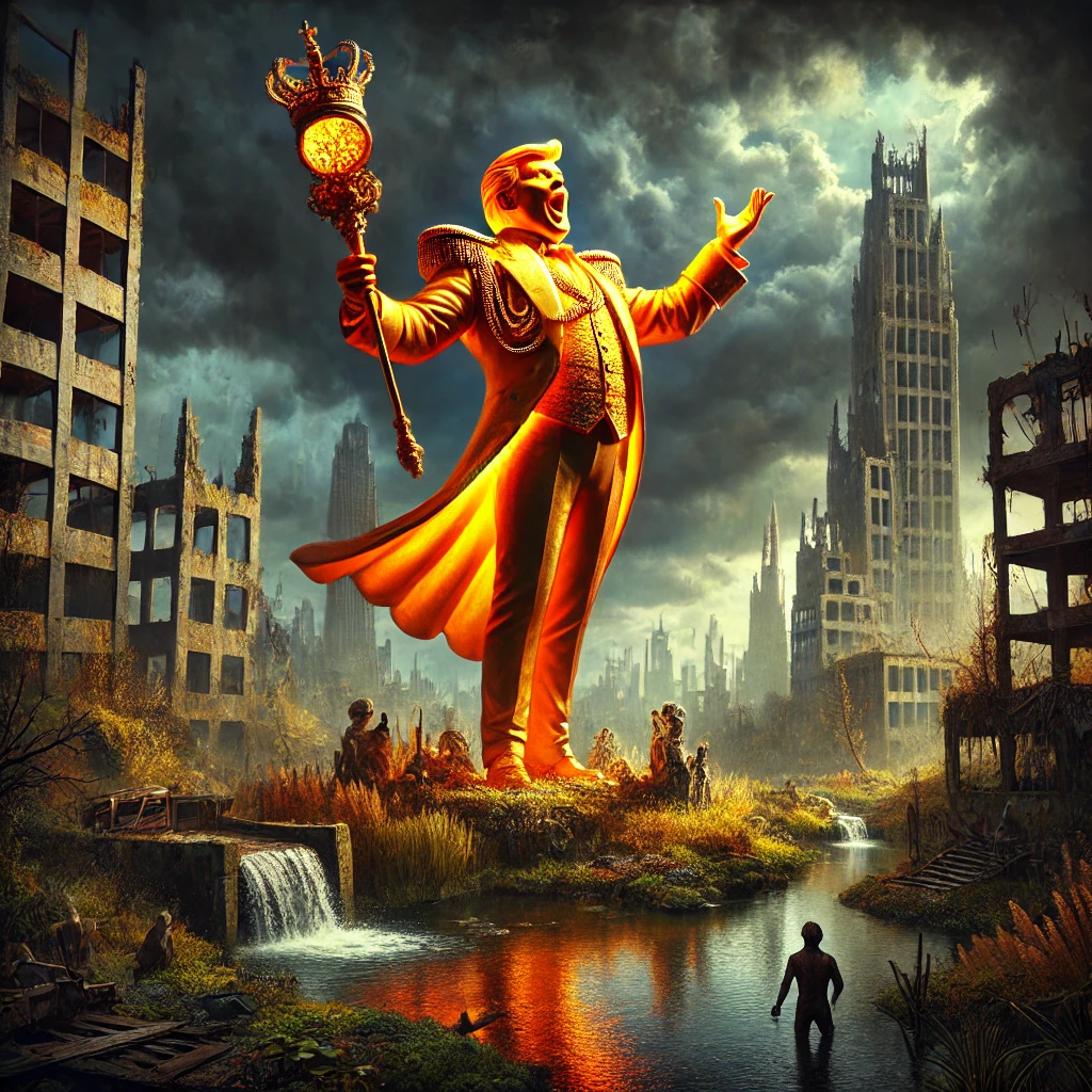 A towering orange figure glowing against a backdrop of crumbling buildings and derelict landscapes He holds a decrepit scepter topped with a cracked tarnished golden globe gesturing grandiosely as though conducting an invisible symphony of praise The sky is dark with heavy clouds and stormy lighting illuminates the scene Surrounding the figure are overgrown gardens cracked walls and a swamp filled with kneedeep supporters oblivious to their surroundings The figure is dressed in an oversized suit with a golden tie radiating arrogance while the background is shadowed emphasizing a stark contrast between the figure and the destruction