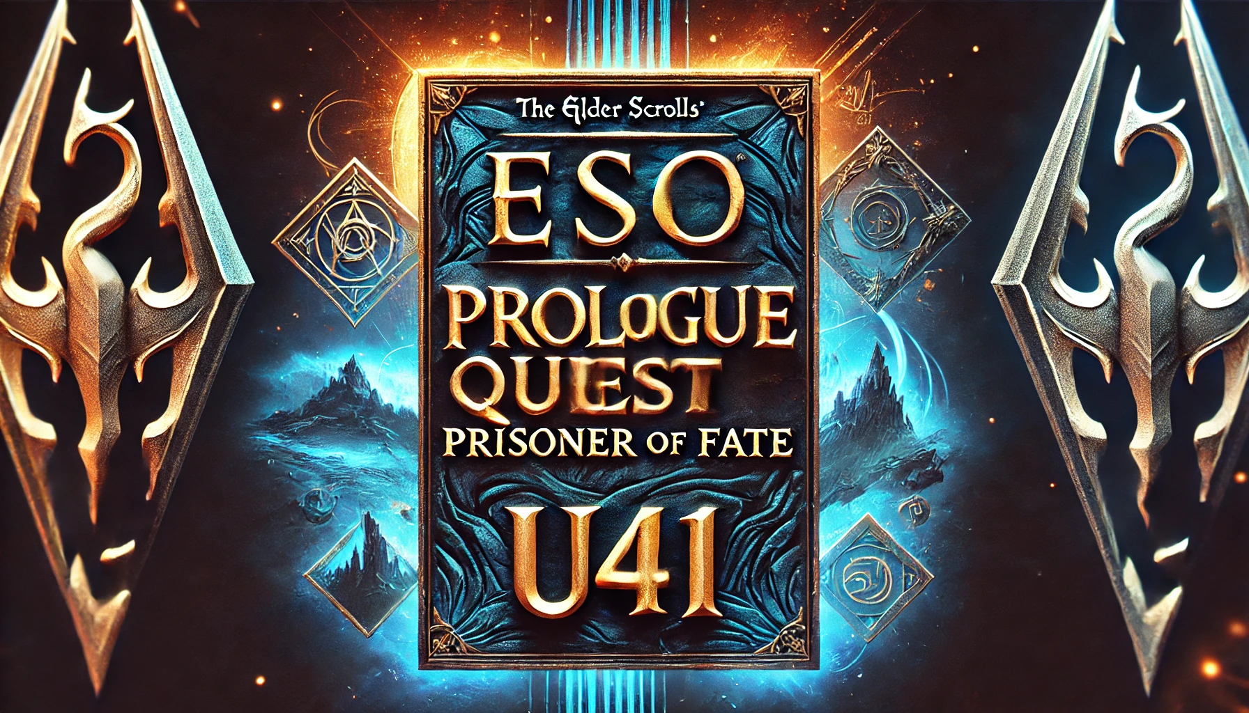 A bold 169 YouTube cover for ESO Prologue Quest Prisoner of Fate U41 The typography for PROLOGUE QUEST is a mix of bold serif fonts with a stonecarved texture PRISONER OF FATE is in a sharp gothicstyle font with glowing edges to represent the dark and mystical nature of the quest U41 is in sleek modern typography The background features a dynamic magical landscape with glowing runes and epic fantasy elements inspired by Elder Scrolls Online Colors focus on deep blues vibrant golds and magical auras