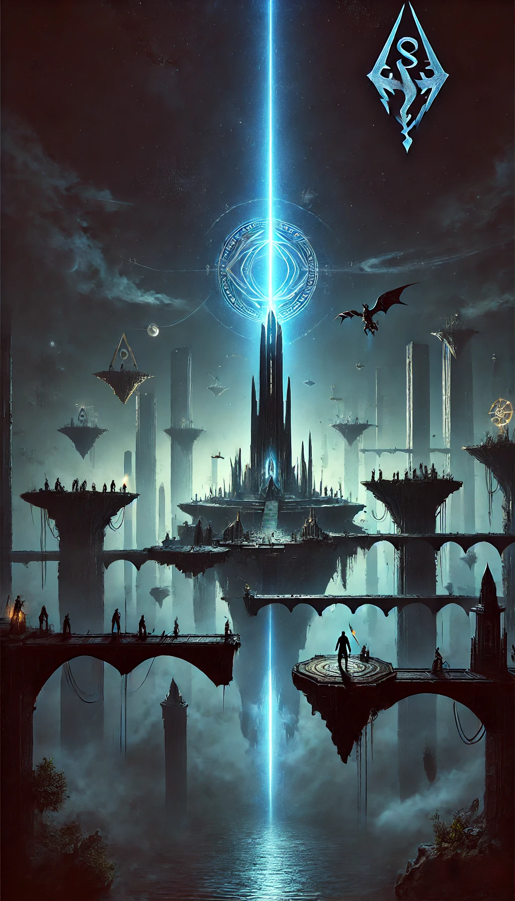 A dark and mystical landscape of floating platforms connected by ancient bridges glowing with Daedric symbols A tall obelisk shoots a blue beam into the sky surrounded by shadowy warriors Typography in bold gothic style reads Prologue Quest Prisoner of Fate  Scions of Ithelia DLC  Gold Road Chapter  ESO