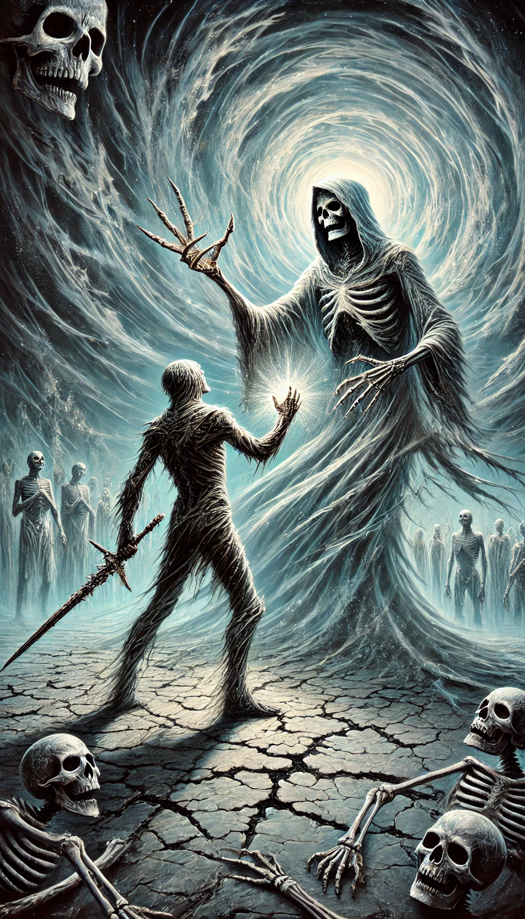 A figure stands tall holding the skeletal hand of Death who is cloaked in shadows The figure shows no fear gripping Deaths hand firmly The background is filled with ghostly figures watching in silence while the ground beneath is cracked and barren The sky above swirls with dark clouds and faint light The lighting is harsh casting a spotlight on the figure holding Deaths hand A cold color scheme of pale blue black and metallic silver dominates evoking a sense of primal power and sight