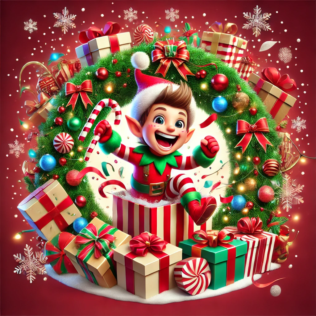 In this 1050x1050 circular holiday design an excited elf is bursting through a wall of gift boxes with wrapping paper and ribbons flying everywhere The elf is holding a candy cane with a cheerful smile and is surrounded by vibrant holiday lights and decorations The entire scene is contained within the circular frame creating a balanced and festive look Snowflakes fall gently in the background completing the playful holiday vibe