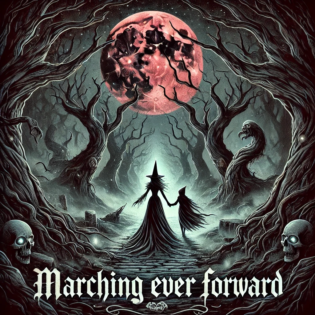A dark enchanted forest at night with looming twisted trees and a mistcovered path leading forward In the center a witchlike figure is holding hands with a shadowy specter walking down the mystical path A blood moon glows overhead casting an eerie red light on the forest The atmosphere is foreboding yet magical with glowing eyes peering from the shadows and the trees seemingly alive reaching out toward the figures Gothic text at the bottom reads Marching Ever Forward in bold sharp serifs