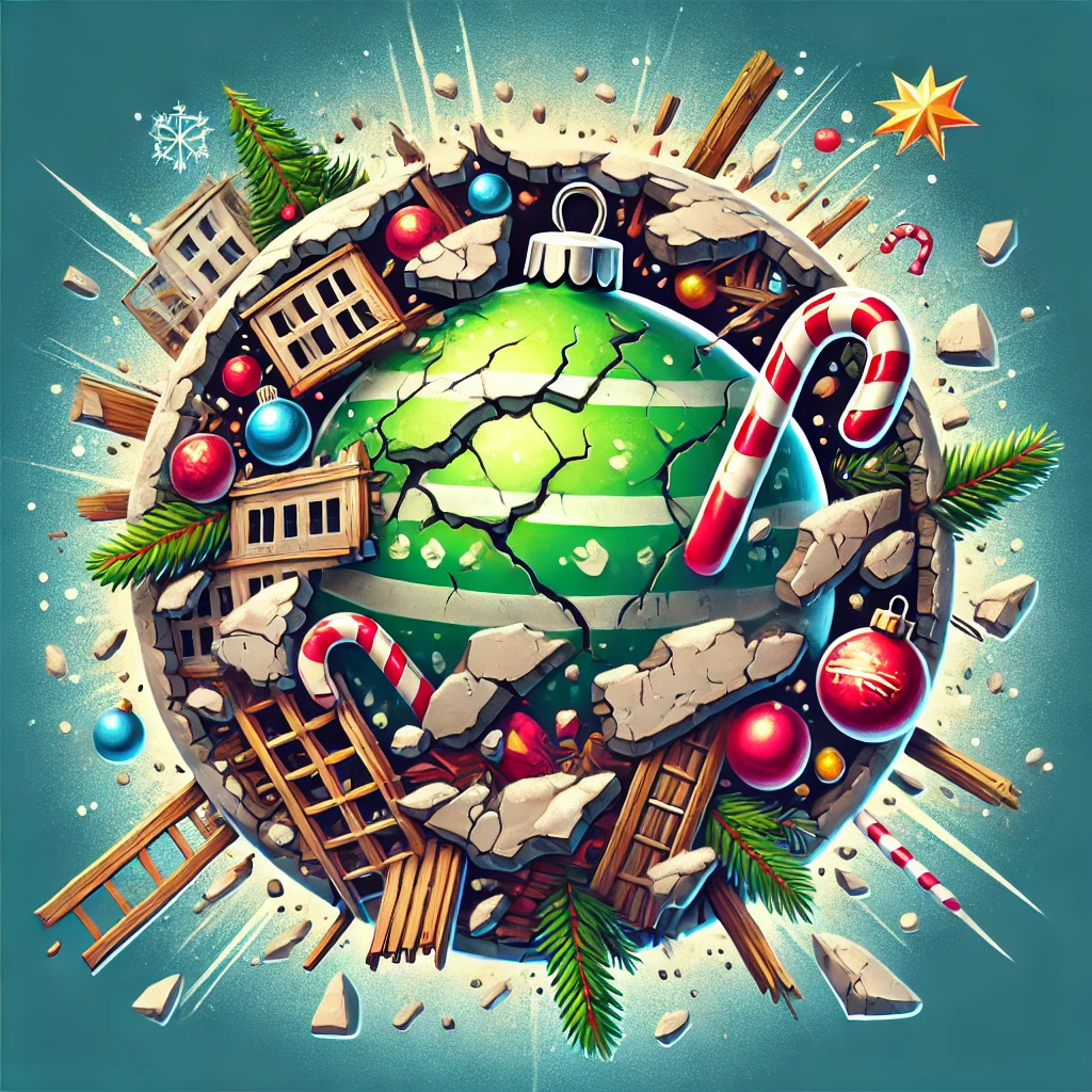 In this 1050x1050 circular design a rough cracked wall breakthrough with debris scattered around giving a humorous and festive feel The background features a Christmas ornamentstyle frame with vibrant holiday colors and playful elements like candy canes and stars poking through the cracks The chaotic scene is perfectly contained within the circular boundary ensuring a balanced design that conveys both fun and energy without any elements spilling outside of the circular frame