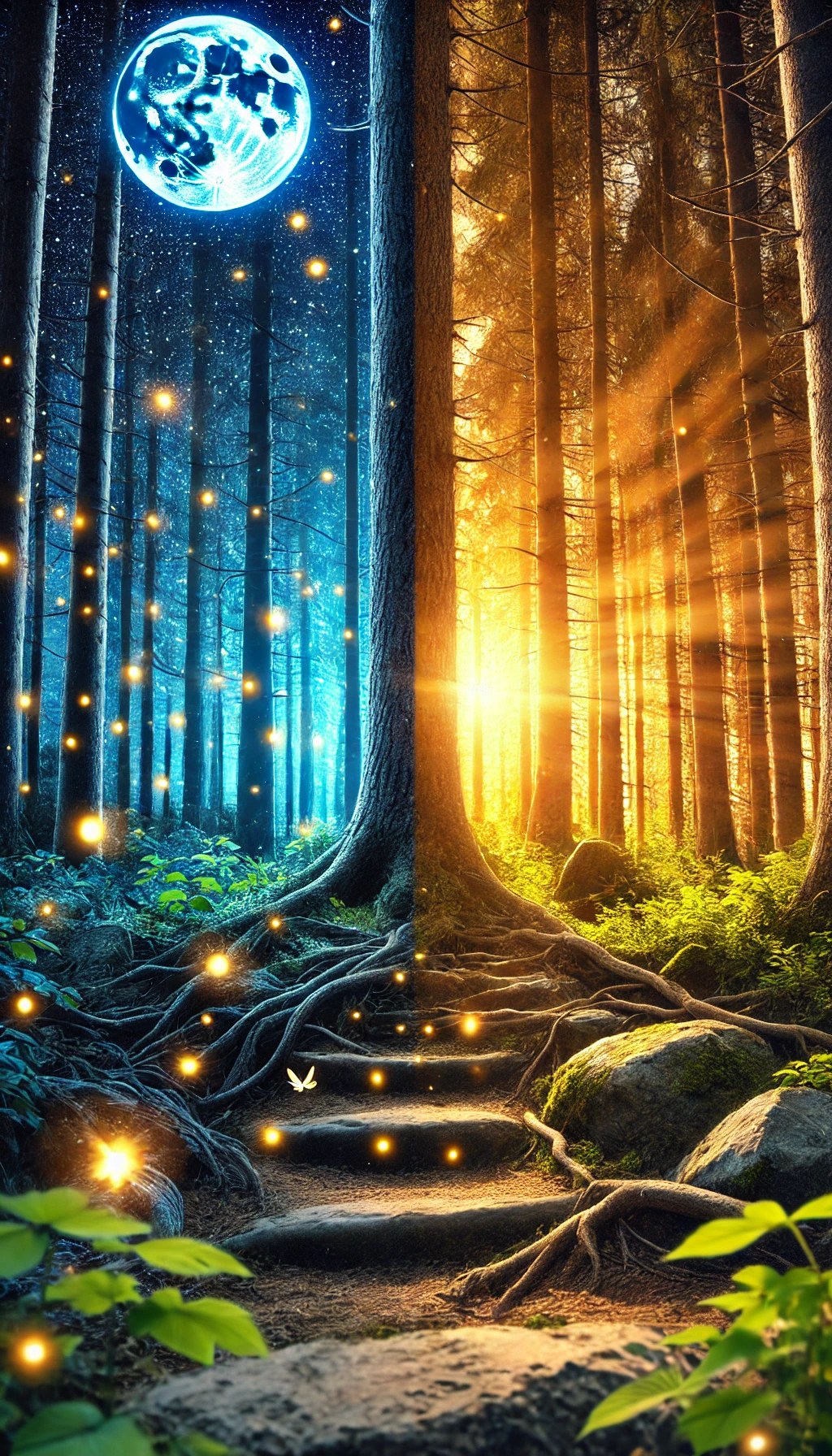 An enchanted forest scene with the time of day shifting magically from night to day One half of the image shows a starry night sky with glowing fireflies and the other half a bright morning sun filtering through the trees The forest is thick with ancient trees their roots curling around stones The contrast between the two times of day is clear with cool blues and warm golds creating a harmonious balance No typography allowing the natural beauty of the scene to tell the story