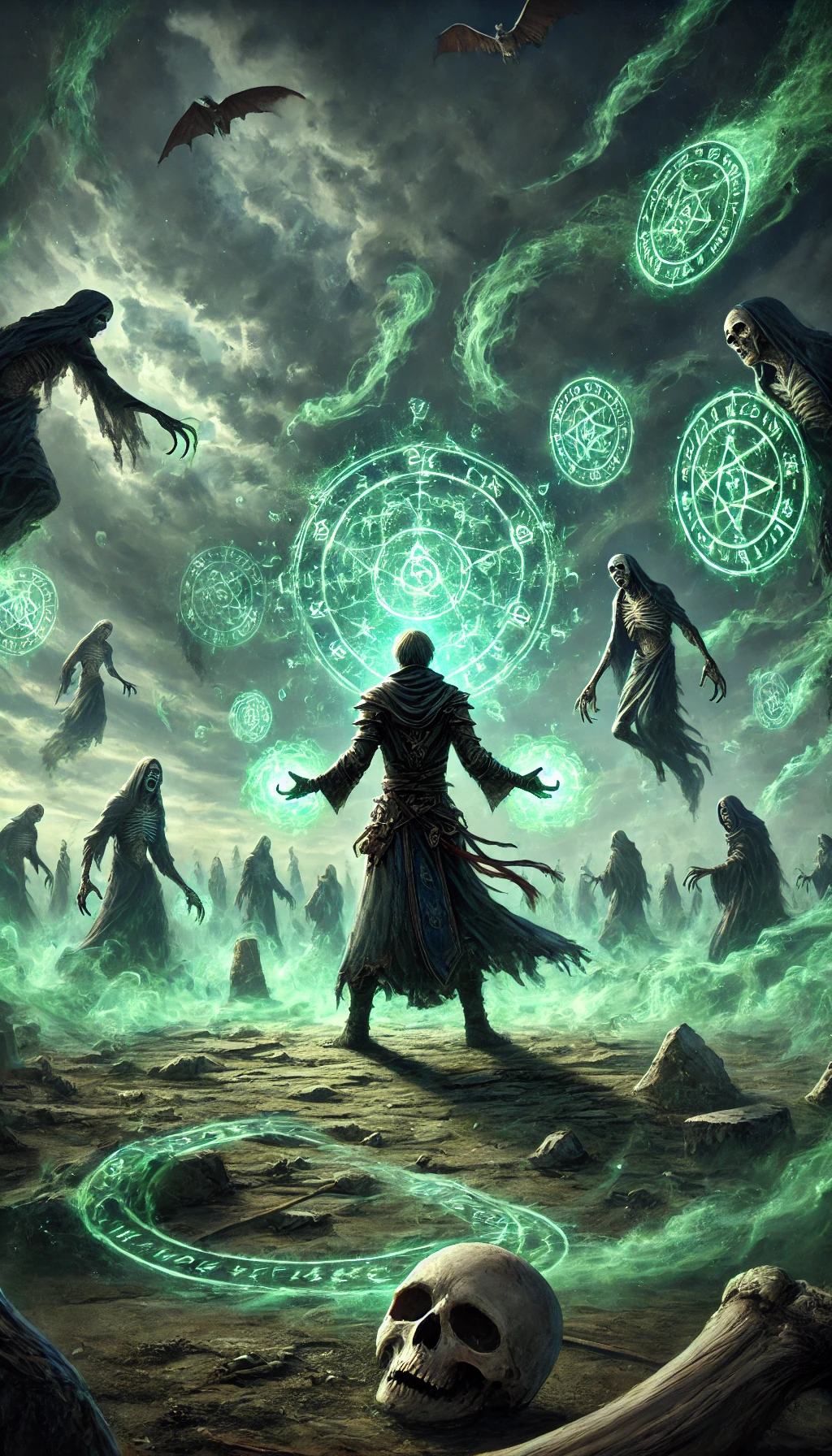 A Necromancer stands in a battlefield surrounded by swirling green energy and spectral figures rising from the ground They are casting a Soul Burst spell summoning undead warriors from beneath the earth The scene is dark and ominous with ghostly runes floating in the air and the sky filled with swirling dark clouds The necromancer stands tall commanding the dead with dark magic