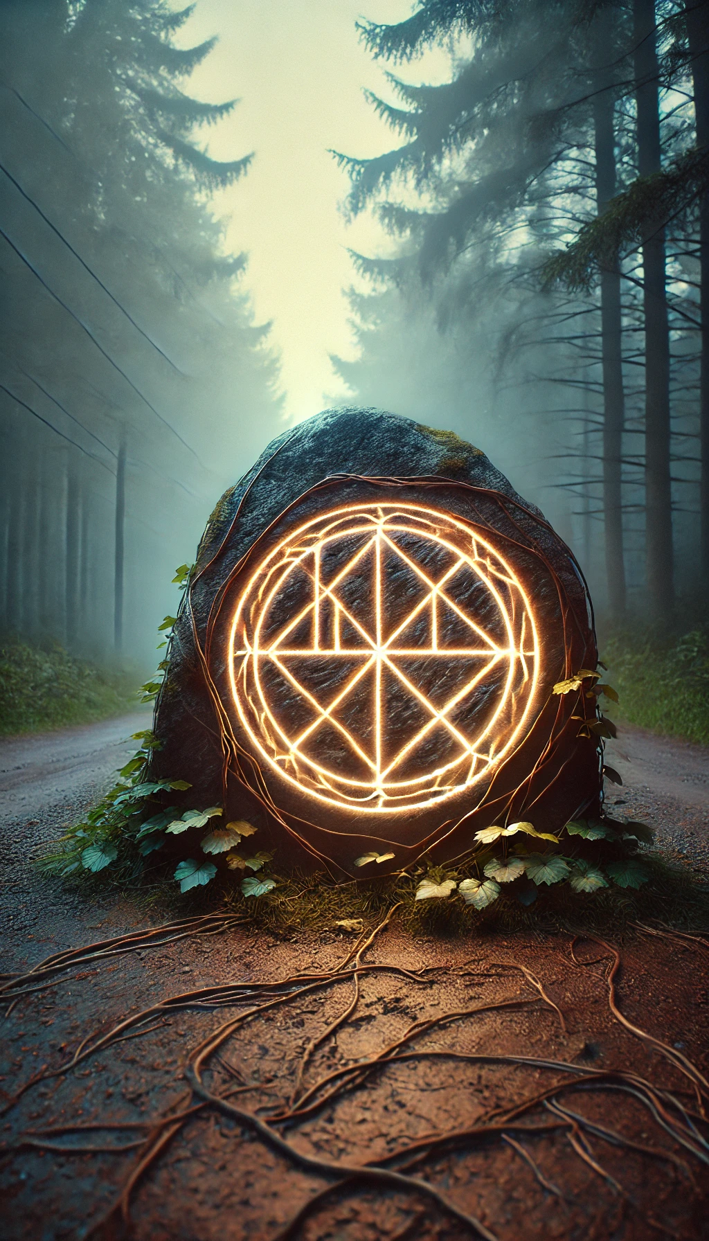 A glowing mystical symbol etched onto a large stone in the forest surrounded by mist The stone seems ancient with cracks and vines growing around it The glow of the symbol is faint but noticeable casting a soft light on the surrounding mist The lighting is warm and nostalgic creating a moment of reflection and pause in the narrative The forest and road are barely visible in the background letting the focus be on the symbol itself