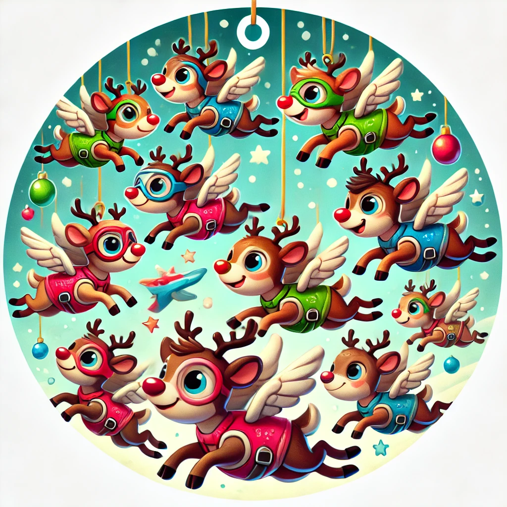 A fun and energetic circular ornament design featuring young reindeer in training The reindeer are trying to fly with tiny wings and colorful training gear Some reindeer are struggling to take off while others are soaring through the air excitedly The scene is full of playful energy and fully contained within the circular frame