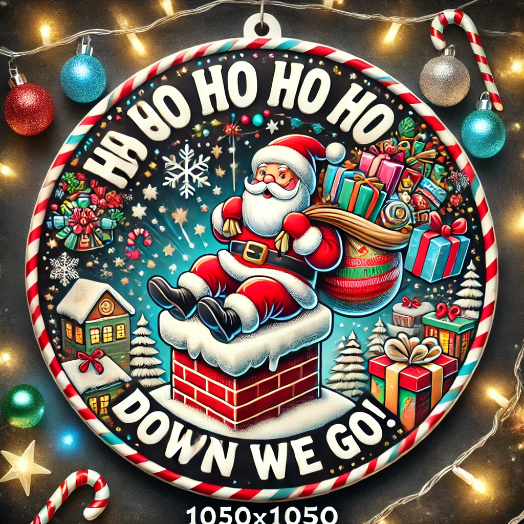 In this 1050x1050 circular ornament design Santa is sliding down a chimney filled with colorful Christmas gifts with playful snowflakes and twinkling stars decorating the background Above him the cheeky phrase Ho Ho Ho and Down We Go is written in dynamic fun letters The scene is surrounded by glowing Christmas lights and candy canes all neatly contained within the circular boundary adding a whimsical and humorous twist to the holiday design
