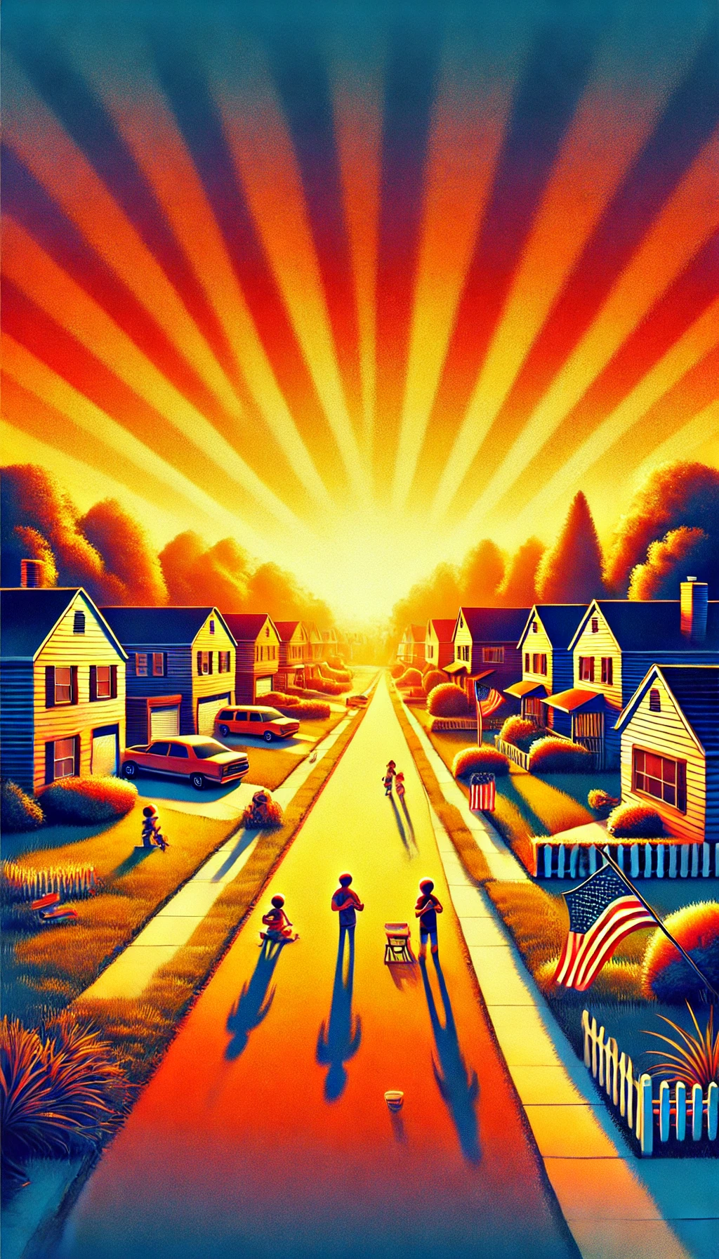 At 000 A peaceful suburban street bathed in golden sunlight The houses are neatly lined up children playing on lawns and American flags flutter in the breeze The colors are warm and vibrant symbolizing the American Dream However theres a faint shadow in the background hinting at something ominous on the horizon
