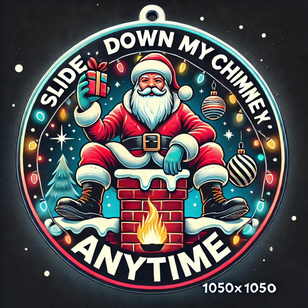In this 1050x1050 circular ornament design Santa sits confidently on a chimney holding a festive gift bag while colorful lights wrap around him The phrase Slide Down My Chimney Anytime is written in playful bold letters above The background features twinkling stars snowflakes falling gently and festive ornaments scattered around This playful and cheeky holiday design brings humor to the scene with everything contained within the circular frame