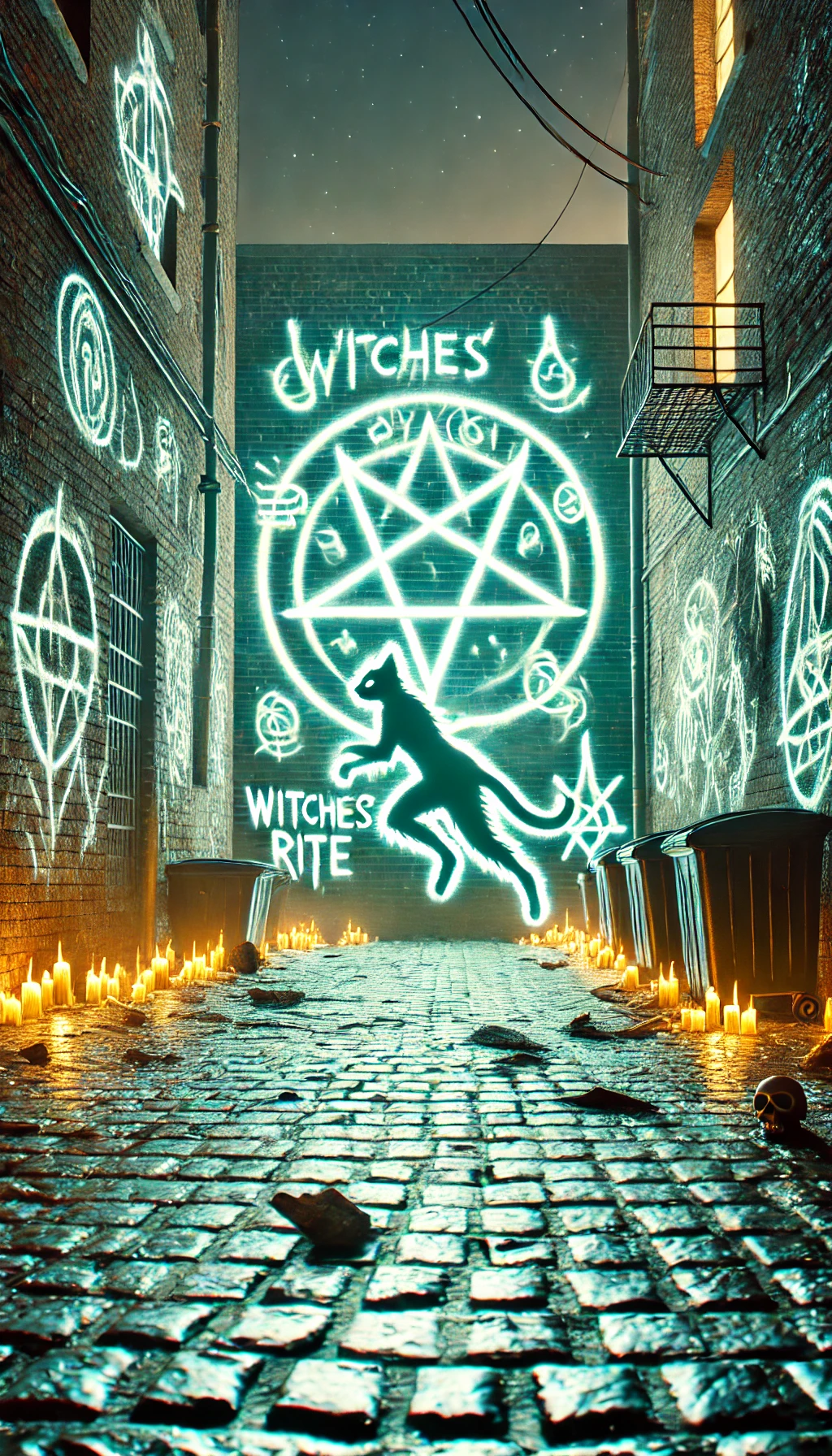 A creative variation of an occult city alley scene where the TrashCat figure is now midmotion running along the alley walls The occult symbols glow brighter casting a more intense light The witches shadows are closer almost reaching for the figure Graffiti on the walls now forms more intricate occult designs and the alley floor is littered with mysterious objects like candles skulls and dark relics The font Witches Rite is jagged scratched into the walls in multiple spots with one glowing brighter than the others