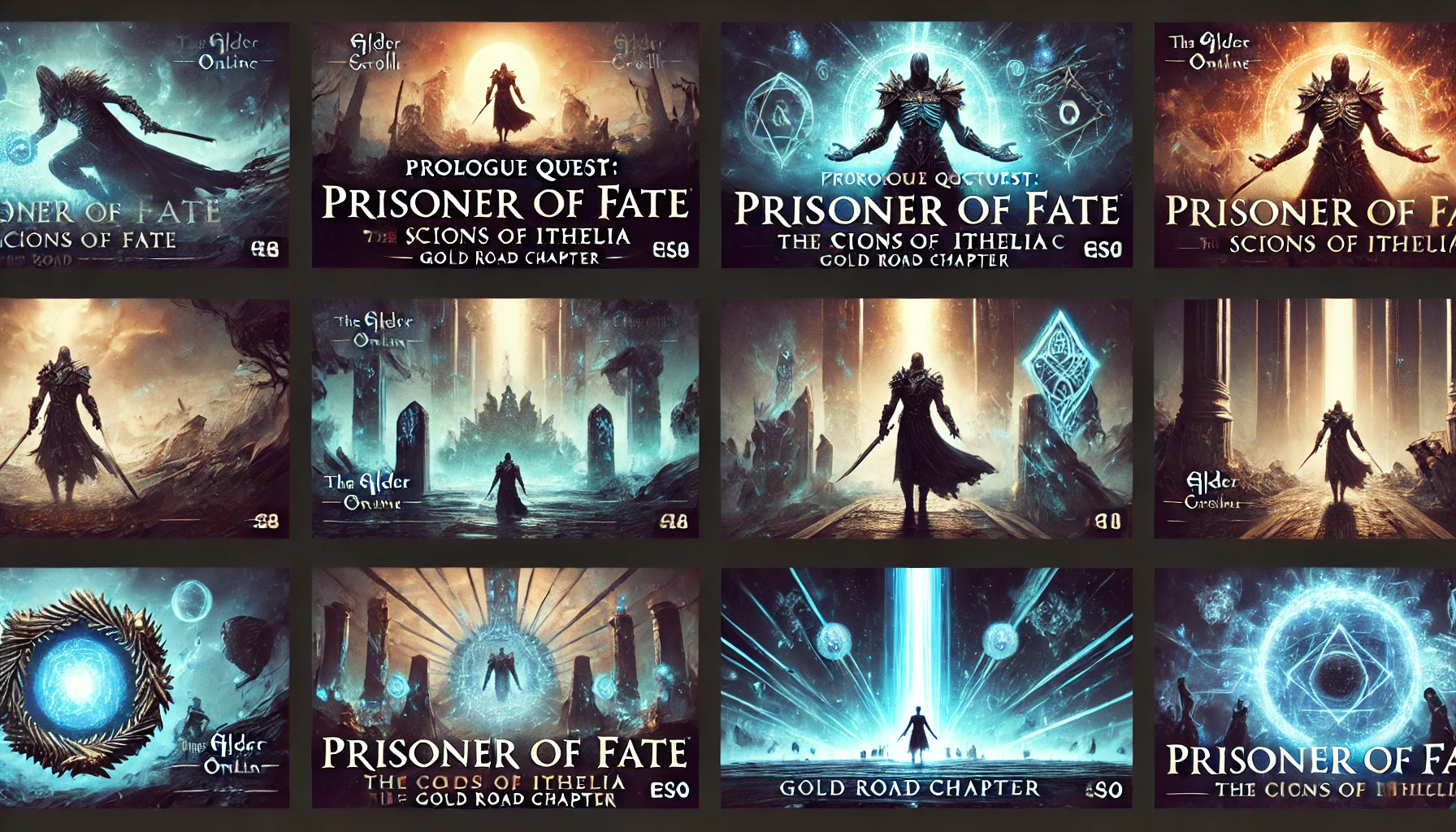 A new batch of YouTube thumbnails in various dark and mystical styles for the Prisoner of Fate quest in Elder Scrolls Online Show a Daedric warrior standing tall with ethereal lights floating platforms in the sky with glowing runes and a powerful blue beam from an obelisk surrounded by shadows Include dramatic gothic typography with bold fonts displaying Prologue Quest Prisoner of Fate  Scions of Ithelia DLC  Gold Road Chapter  ESO Experiment with color schemes and magical elements for a variety of thumbnails keeping the dark fantasy aesthetic consistent