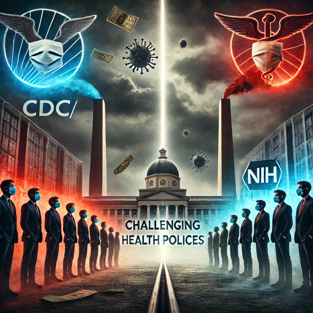 A dark and moody image depicting the tension between health policies and conservative critiques The scene shows a symbolic clash between the CDCNIH buildings on one side with masks and vaccine symbols hovering above them and on the other side shadowy political figures representing critiques of these institutions The sky is ominous with storm clouds swirling overhead In the center a dividing line is drawn representing the polarization of public opinion In the background there are subtle hints of economic strain such as dollar signs fading into the clouds symbolizing the impact on national debt The lighting is dark with a red and blue glow highlighting the figures on either side of the divide Typography Challenging Health Policies in bold authoritative font across the top