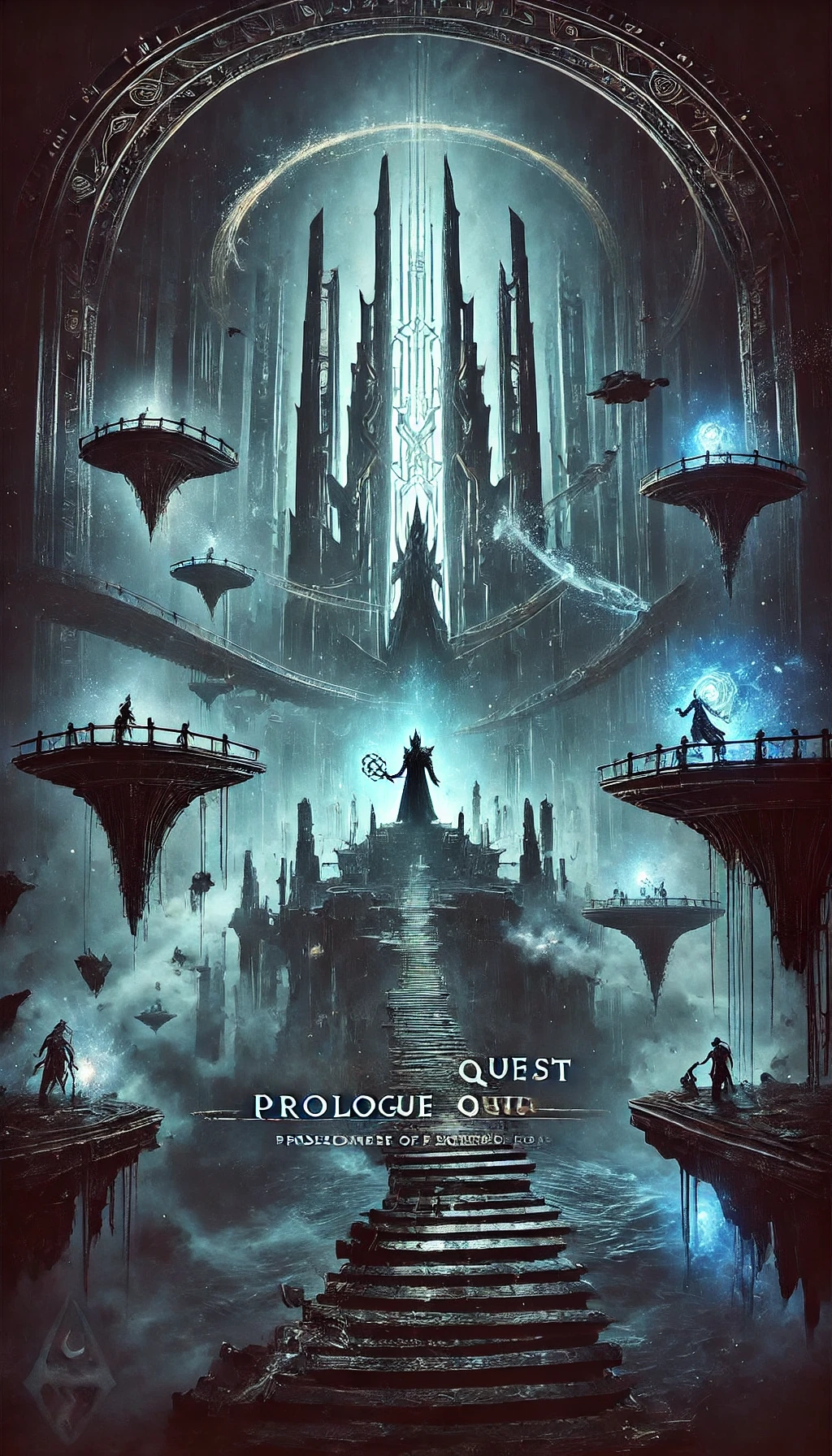 A dark and mystical landscape of floating platforms connected by ancient bridges set in the heart of a deep otherworldly library In the center stands the menacing figure of a Daedric warrior Torvesard surrounded by shards of broken glass and ethereal lights A towering obelisk shoots a beam of blue light into the sky and shadowy figures can be seen battling beneath it their forms distorted by the shimmering light The atmosphere is ominous with tendrils of magical energy swirling around hinting at the dark secrets hidden within the ancient glyphic Typography in a dark and gothic style with the title Prologue Quest Prisoner of Fate  Scions of Ithelia DLC  Gold Road Chapter  ESO in bold dramatic font