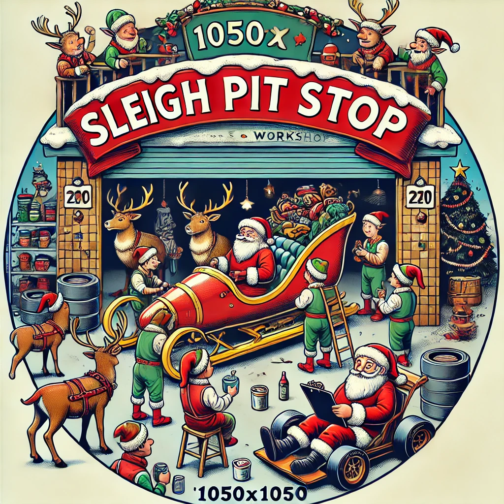 A 1050x1050 circular ornament design featuring Santas sleigh at a Sleighpit Stop workshop where elves are tuning up the sleigh Reindeer are standing around sipping hot cocoa while they wait Santa is supervising with a clipboard looking like a pit crew boss The scene is bustling with activity and fully contained within the circular frame