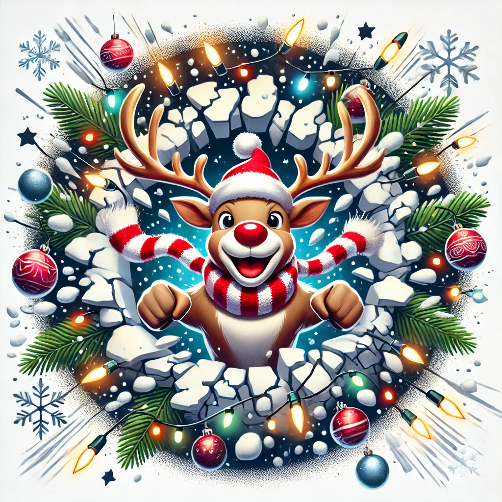 In this festive holiday circular design a reindeer is bursting through a snowcovered wall with Christmas lights and ornaments flying out from the cracks The reindeer has a joyful expression and is wearing a holiday scarf The design is filled with energy and excitement yet remains contained perfectly within the circular boundary Snowflakes and stars are scattered throughout the background adding to the holiday spirit