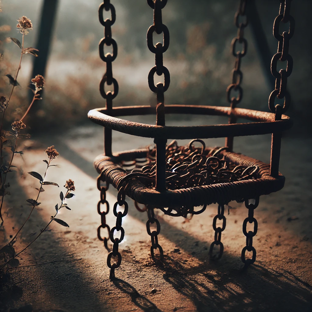 A closeup of rusty chains tangled around a broken swing hanging in a dilapidated playground The lighting is soft casting long shadows that emphasize the sense of decay Weeds grow around the swing adding to the feeling of abandonment