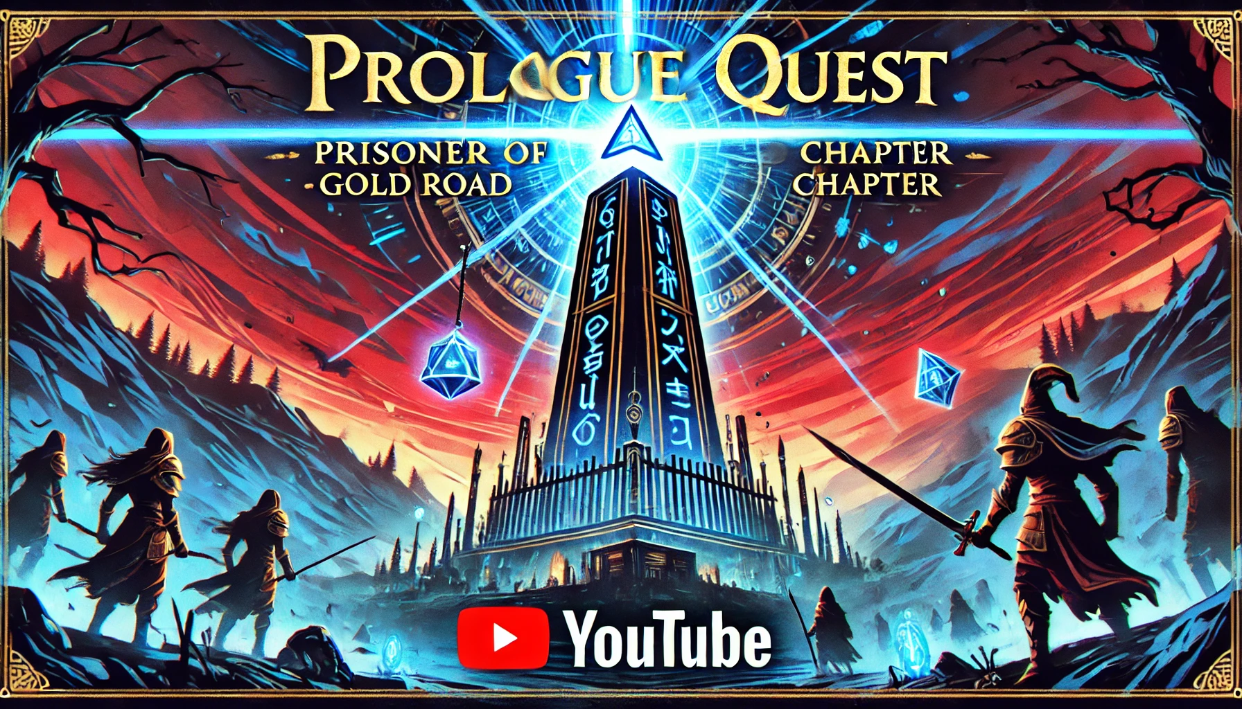 A vibrant 169 YouTube cover image for a fantasy walkthrough of Prologue Quest  Prisoner of Fate  Gold Road Chapter The scene shows a towering obelisk glowing with ancient runes in a mystical landscape Shadowy figures stand poised for battle beneath the glowing light of a blue beam shooting from the obelisk into the sky Typography is bold and sharp reading Prologue Quest  Prisoner of Fate  Gold Road Chapter positioned at the top The colors are vibrant with deep blues reds and magical elements creating an epic and dramatic atmosphere
