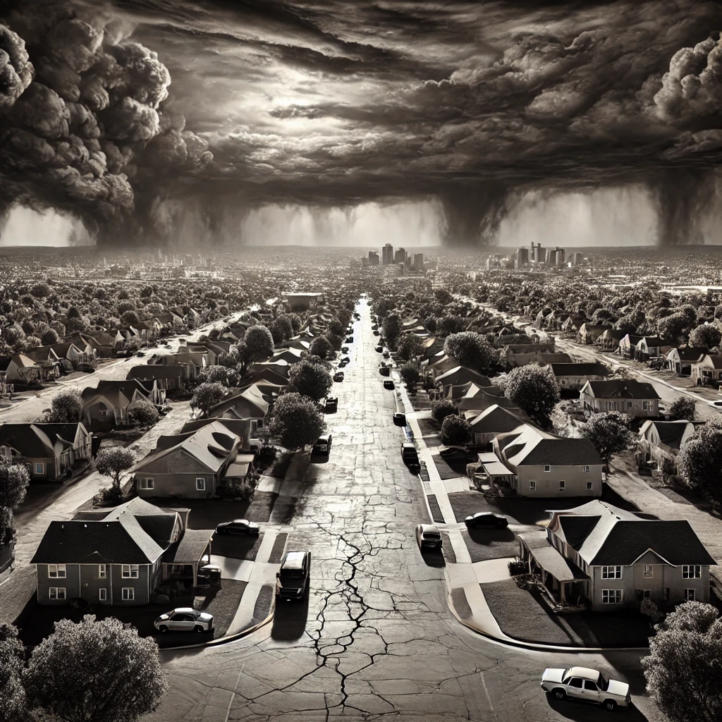 At 00044 A oncevibrant suburban neighborhood now overshadowed by ominous dark clouds The buildings and streets which once symbolized peace and community are now partially engulfed in shadows with hints of danger and uncertainty creeping in The sky once bright is now dark and foreboding reflecting the infiltration of white supremacy There are subtle cracks on the pavement and on some of the houses symbolizing the disintegration of societal values This image needs to convey an unsettling shift from peace to a growing threat