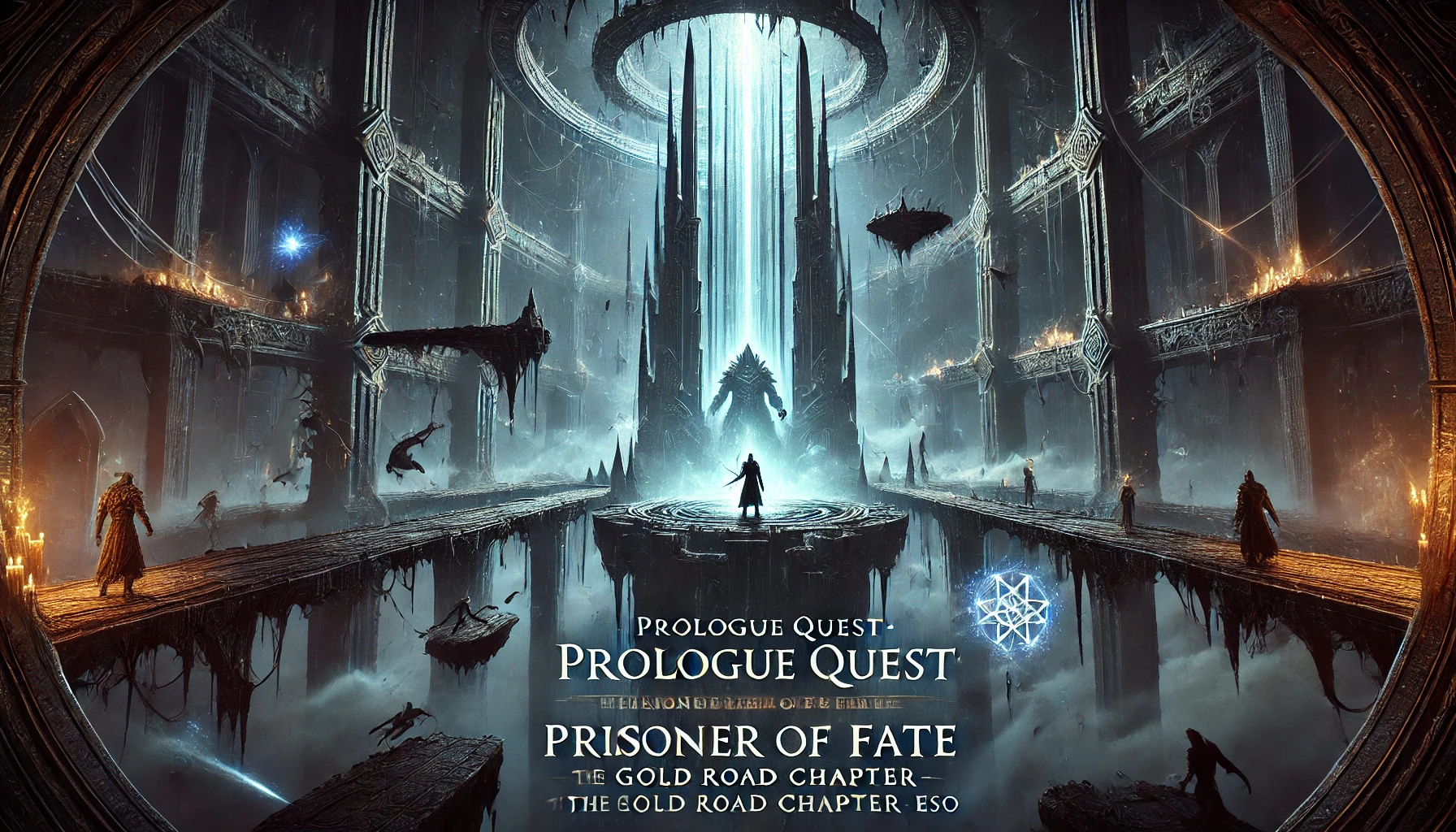 A dark and mystical landscape of floating platforms connected by ancient bridges set in the heart of a deep otherworldly library In the center stands the menacing figure of a Daedric warrior Torvesard surrounded by shards of broken glass and ethereal lights A towering obelisk shoots a beam of blue light into the sky and shadowy figures can be seen battling beneath it their forms distorted by the shimmering light The atmosphere is ominous with tendrils of magical energy swirling around hinting at the dark secrets hidden within the ancient glyphic Typography in a dark and gothic style with the title Prologue Quest Prisoner of Fate  Scions of Ithelia DLC  Gold Road Chapter  ESO in bold dramatic font
