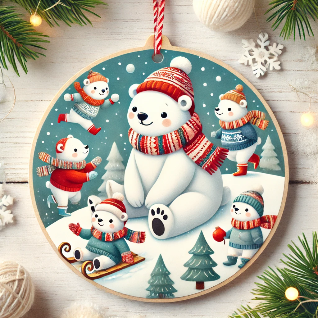 A playful circular ornament design featuring a family of polar bears playing in the snow The polar bears are wearing Christmas scarves hats and mittens as they slide down hills throw snowballs and enjoy the winter festivities The scene is cozy cheerful and fully contained within the circular frame
