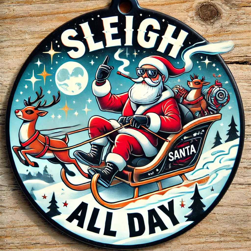 A playful circular ornament design featuring Santa zooming around in his sleigh with a cool confident vibe Hes wearing sunglasses and leaning back in the sleigh grinning confidently The reindeer are racing through the sky leaving a trail of glittering stardust behind them The background is full of twinkling stars and snowy clouds The phrase Sleigh All Day is written above in bold festive letters The entire scene is energetic and fun contained within the circular frame
