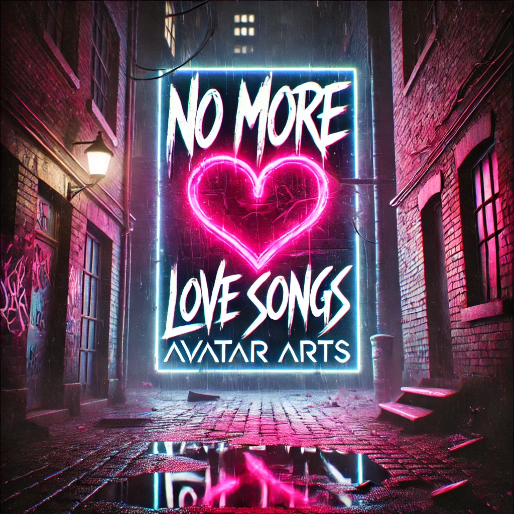 A gritty neonlit alleyway at night with a punkstyle aesthetic Bold typography reads No More Love Songs in a worn distressed font with jagged edges like its been painted on a crumbling wall Below the title the name AvaTar ArTs appears in graffiti style blending into the alley environment The graffiti heart behind it glows with a bright pink neon hue contrasted against dark brick walls and broken pavement Rain pours down reflecting the neon lights off the ground adding to the moody rebellious atmosphere