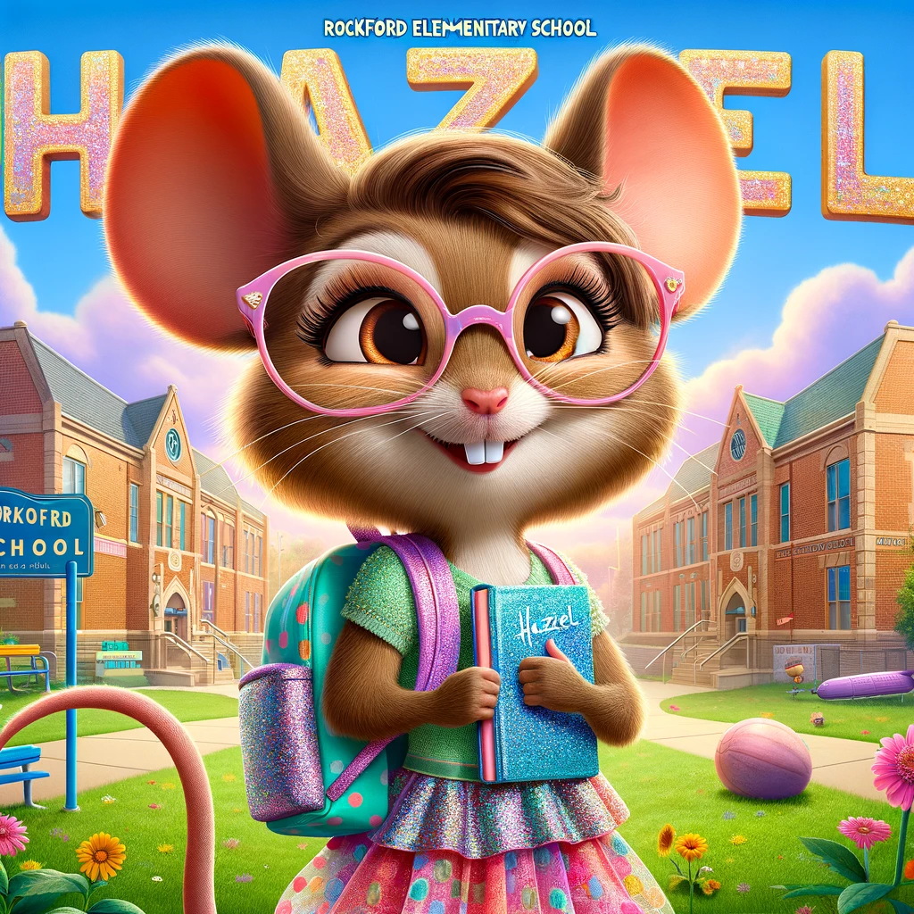 A whimsical animated scene of Hazel a young mouse with long brown hair and glasses standing in front of Rockford Elementary School in Ohio Hazel is wearing a colorful playful dress and holds a pastelcolored backpack along with a glitterdecorated notebook She has a dorky charm and playful elegance reflecting her excitement for reading and learning The background includes a detailed school building playground and open spaces enhancing the vibrant setting Above Hazels head is her name Hazel written in a playful colorful font that complements the lively scene