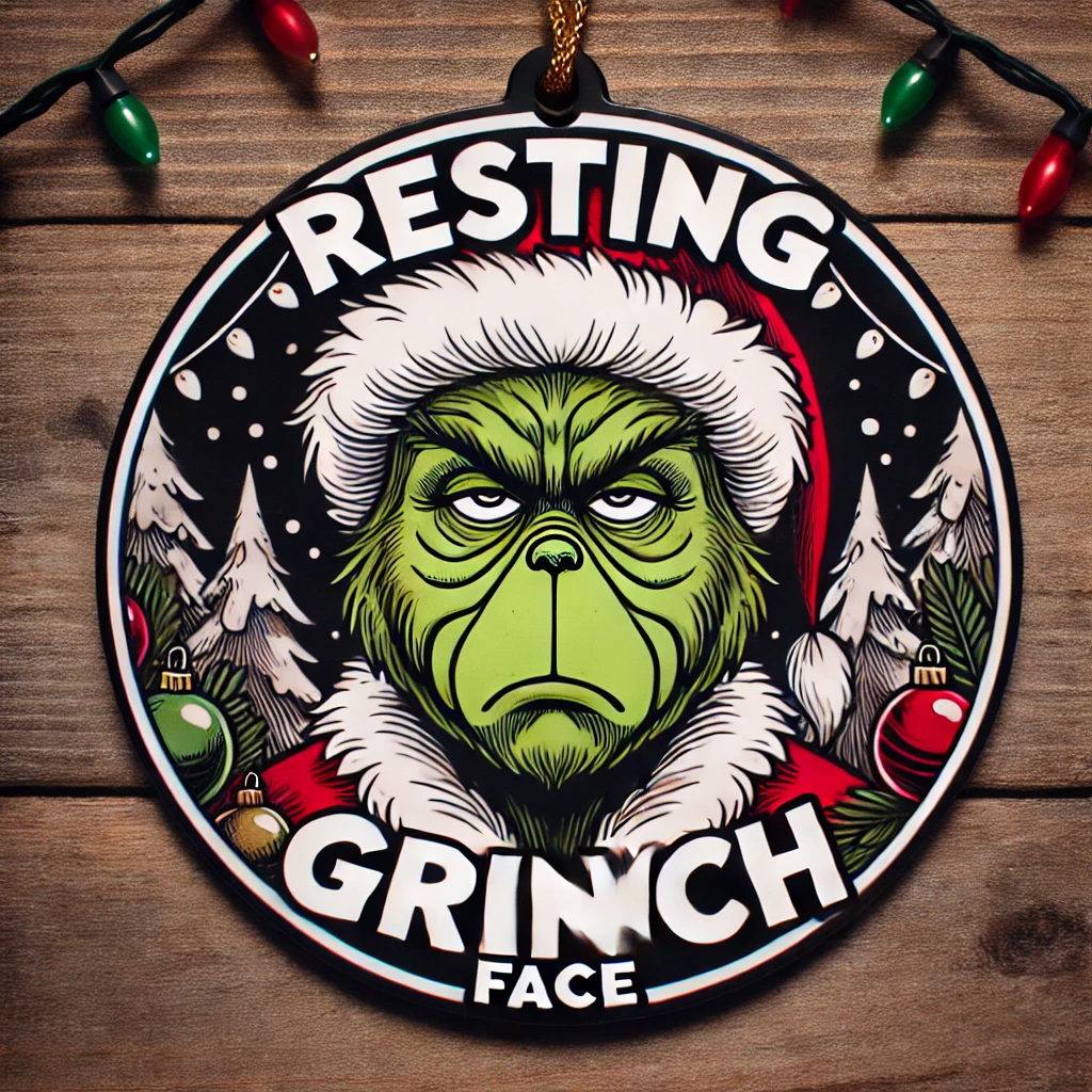 A comical circular ornament design featuring the Grinch with his signature grumpy expression Hes surrounded by holiday decorations like garlands and Christmas lights looking thoroughly unimpressed The phrase Resting Grinch Face is written in bold exaggerated letters above The scene is humorous and festive contained within the circular frame