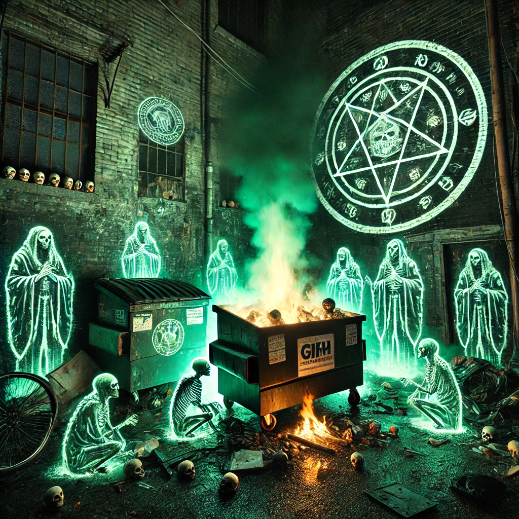 A variation of a dark greasy urban alley at night where TrashCats perform an occult ritual around a dumpster fire This time the flames are green and eerie symbols are glowing brightly on the walls Ghostly figures emerge from the smoke and a TrashCat elder stands on a pile of broken trash holding a skull in one hand and a staff in the other The alley is filled with more skulls and strange objects scattered around adding a more intense and mystical atmosphere