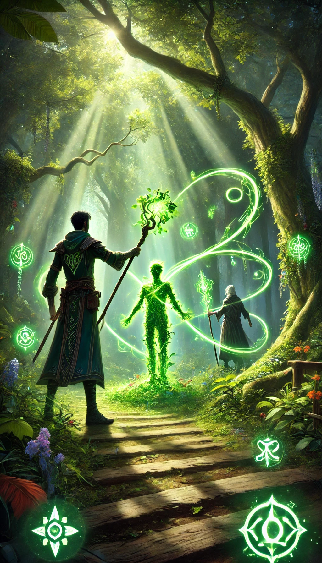 A Warden stands in a lush forest casting Menders Bond to heal an ally Glowing green vines extend from the Wardens staff to an ally wrapping around them in a protective glow Flowers bloom where the magic touches and floating mystical runes appear in the air The forest is dense and vibrant with beams of sunlight breaking through the trees creating a serene and powerful scene