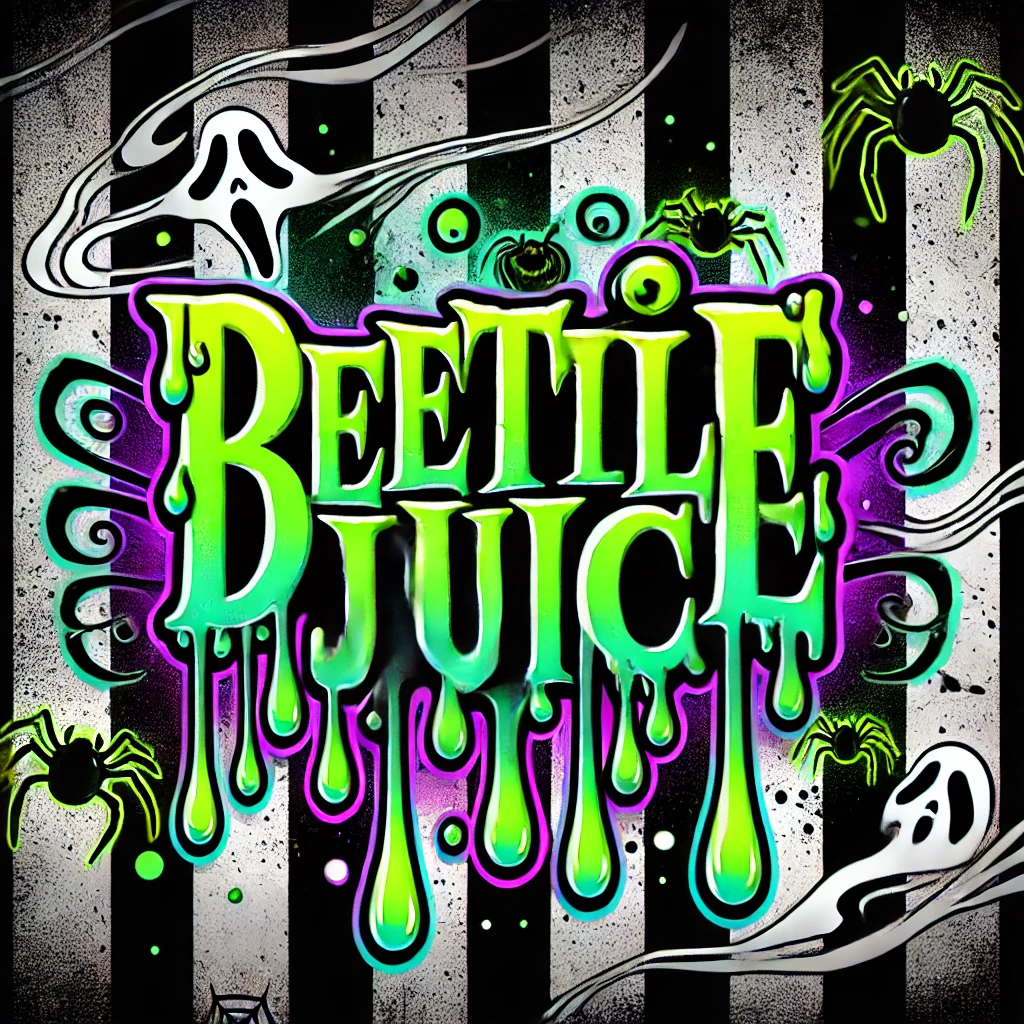 A spooky design with the text Beetlejuice written in a dripping gooey font with slime dripping from each letter The text glows in neon green with a purple glow giving it a supernatural look The background is blackandwhite stripes with faint green slime splatters between the lines and a few slime drops falling from the top Glowing silhouettes of spiders with a gradient from neon green to orange crawl across the stripes appearing radioactive Ghostly wisps and smoky swirls in the background add depth creating a haunted and eerie atmosphere