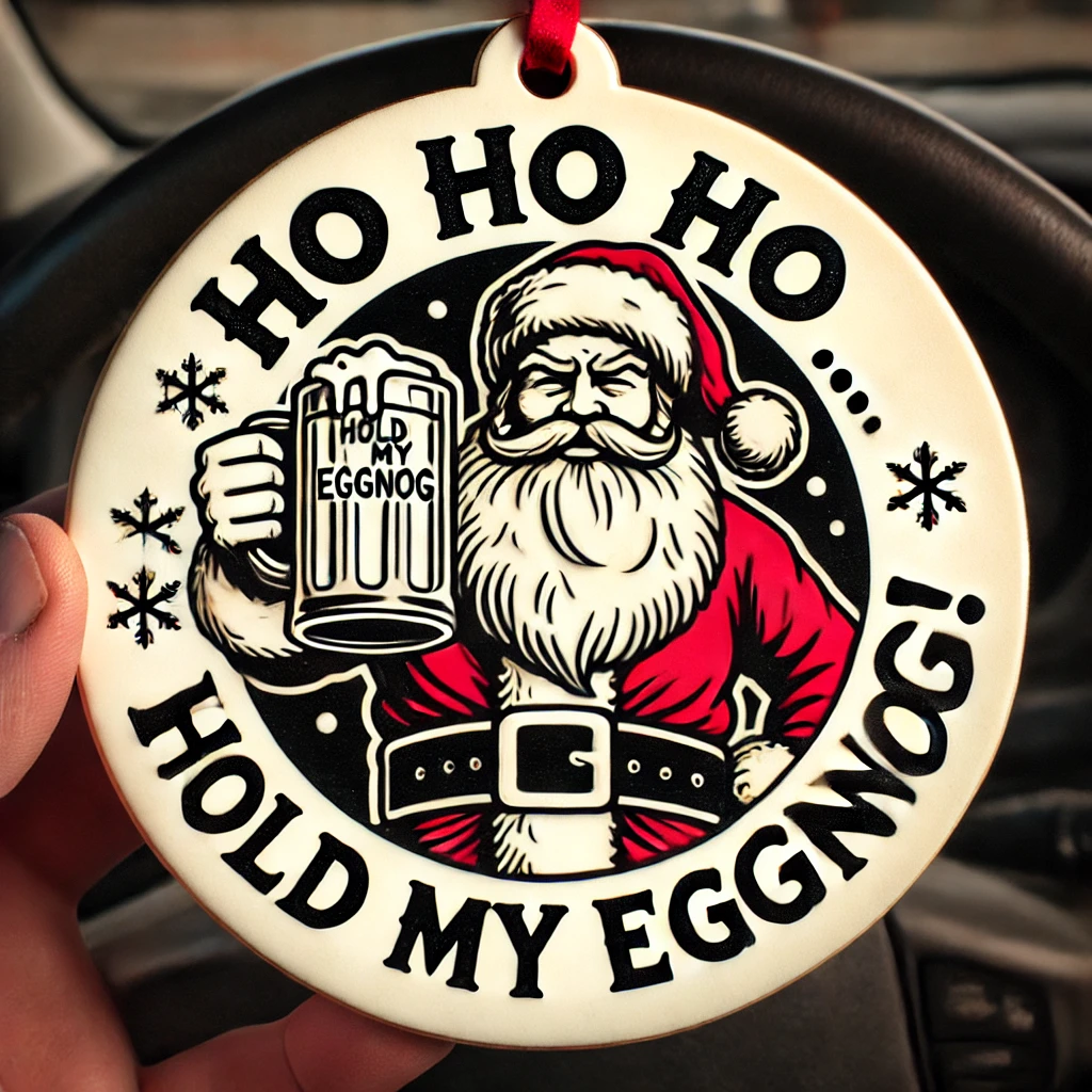 A humorous circular ornament design featuring Santa holding a mug of eggnog standing confidently with a smirk on his face The typography for Ho Ho Ho Hold My Eggnog is stylized to look like its sloshing with liquid adding a sense of fun and rebellion to the scene The overall design is playful and festive contained within the circular frame